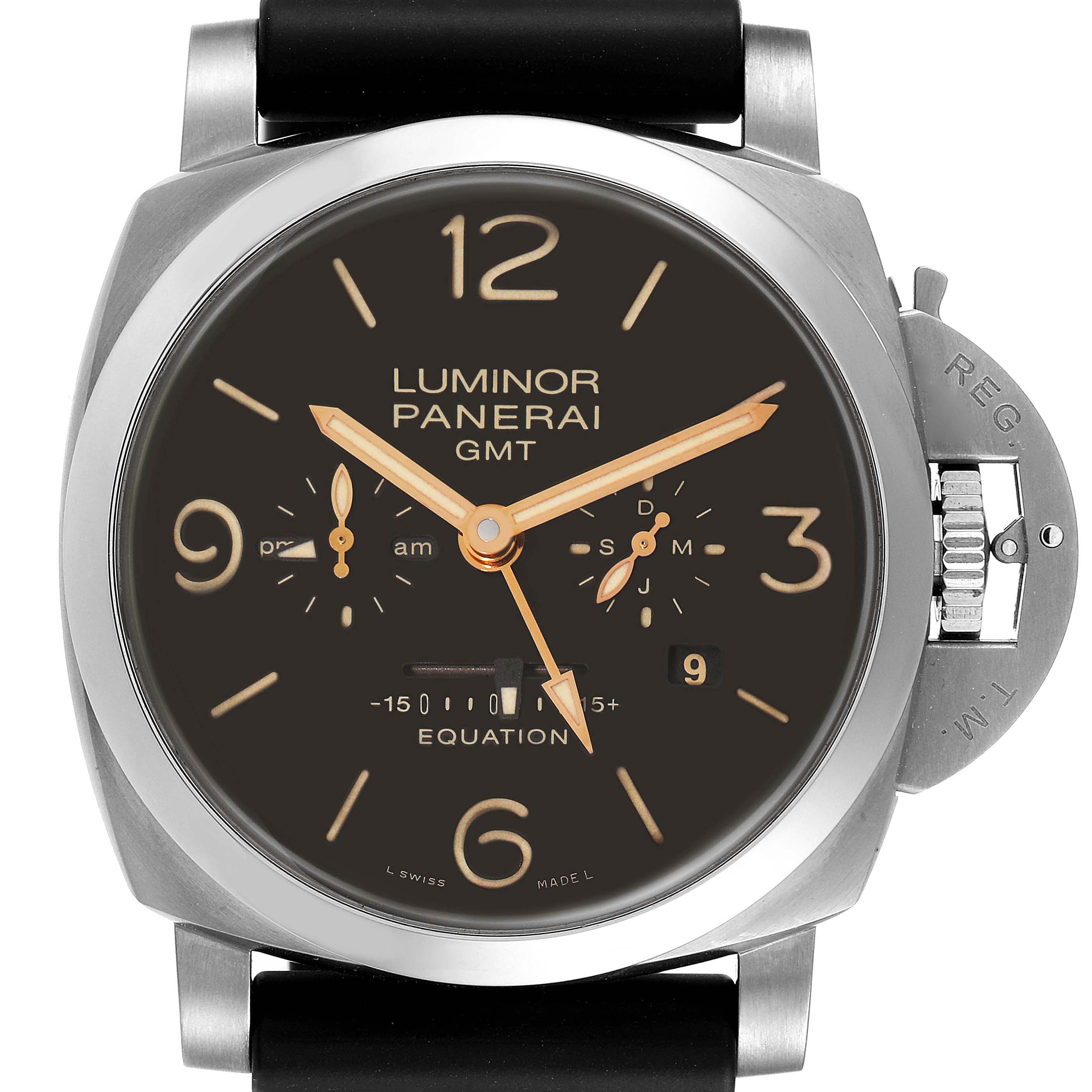 The image shows a front view of a Panerai Luminor PAM00656 Men
s Titanium Brown Dial PAM00656 Men
s Titanium Brown Dial GMT watch with its crown guard and black dial visible.
