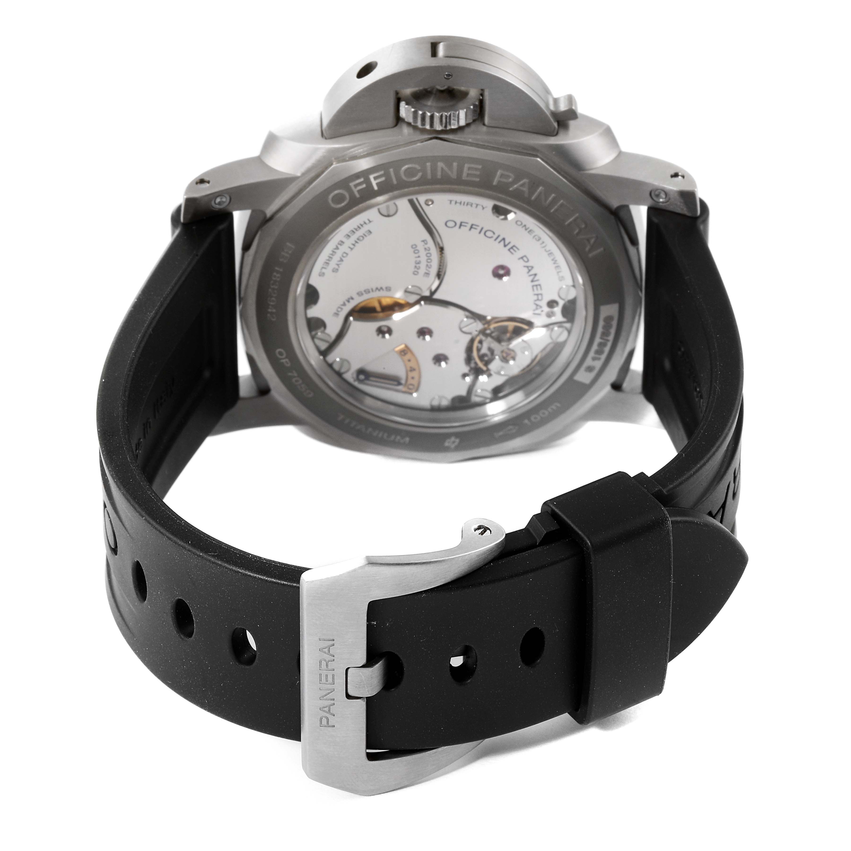 This image shows the back view of a Panerai Luminor PAM00656 Men
s Titanium Brown Dial PAM00656 Men
s Titanium Brown Dial watch, highlighting the movement, strap, buckle, and crown guard.