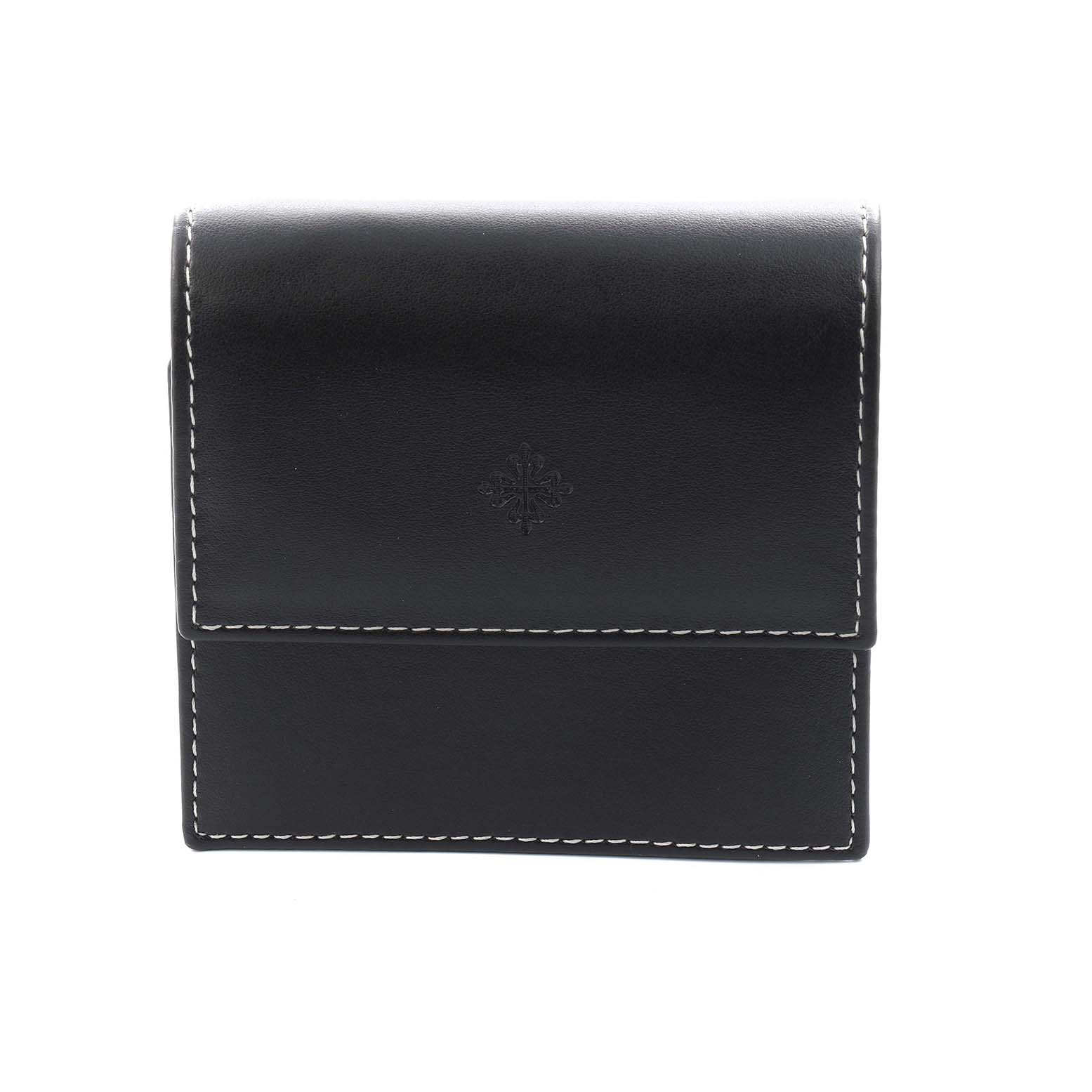 The image shows a black leather case, possibly for a Patek Philippe Complications 5035J Men
s Yellow Gold White Dial watch, viewed from the front.