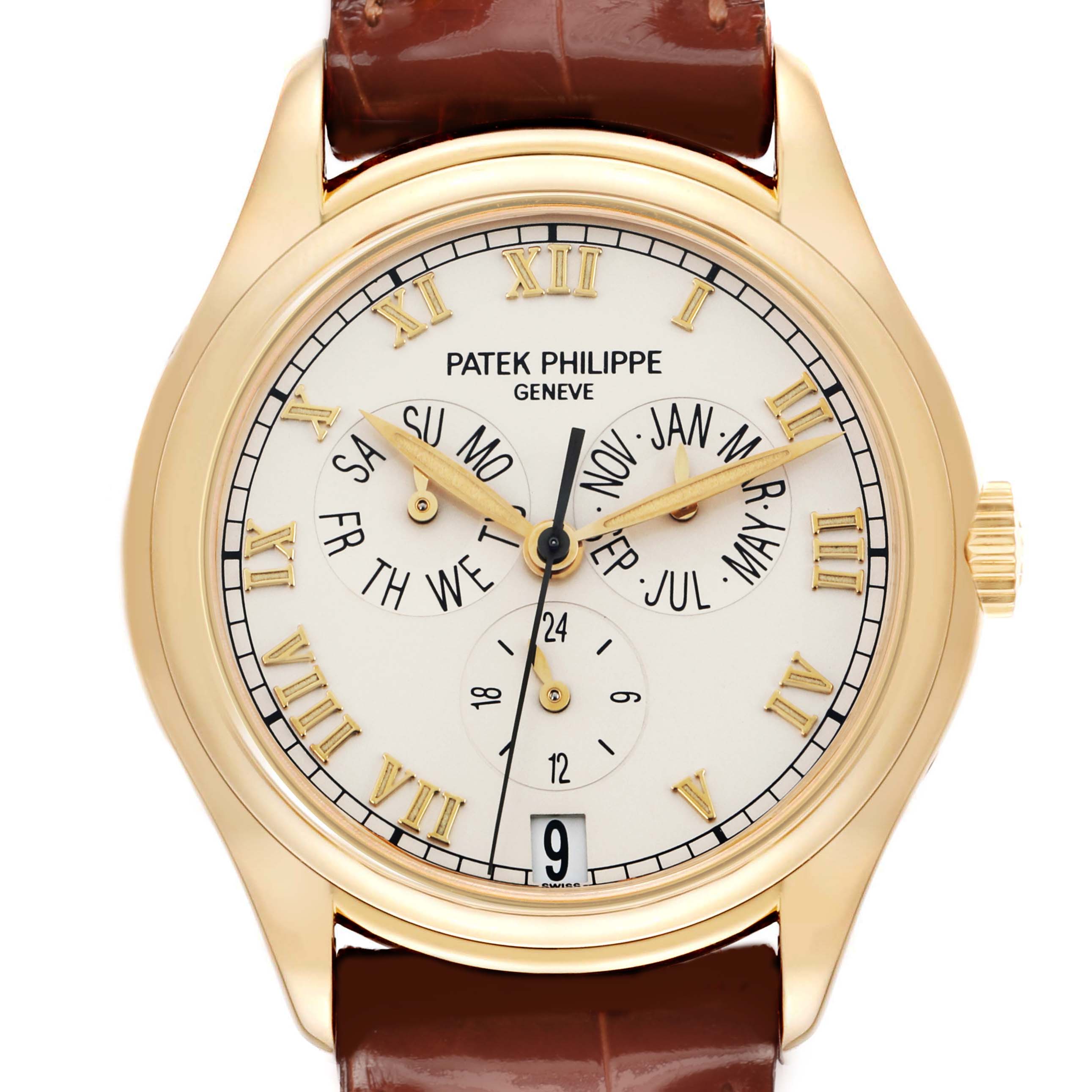 The Patek Philippe Complications 5035J Men
s Yellow Gold White Dial watch is shown from a front view, highlighting the dial, subdials, and gold case.