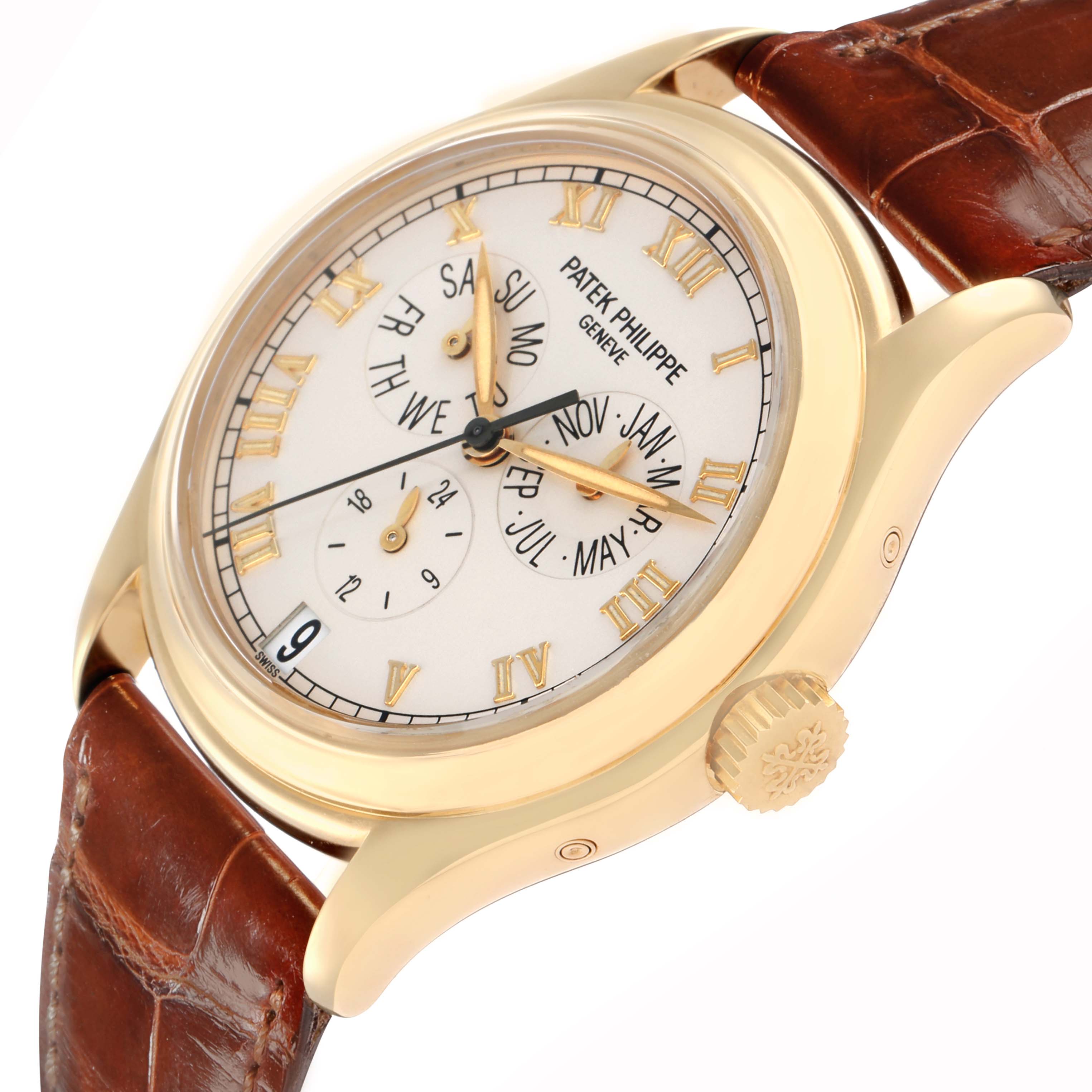 The Patek Philippe Complications 5035J Men
s Yellow Gold White Dial watch is shown at a side angle, highlighting the dial, case, crown, and leather strap.