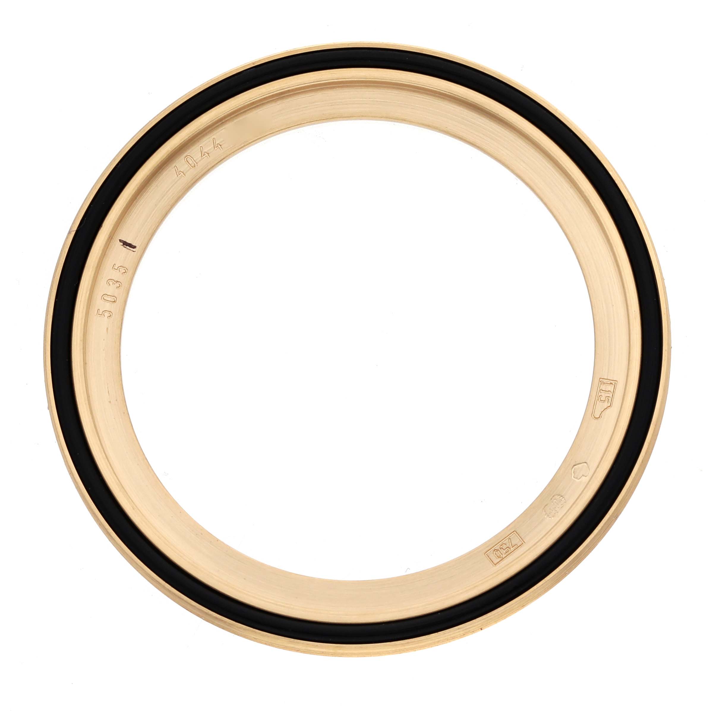 This image shows a gold bezel viewed from above, likely part of a Patek Philippe Complications 5035J Men
s Yellow Gold White Dial model.