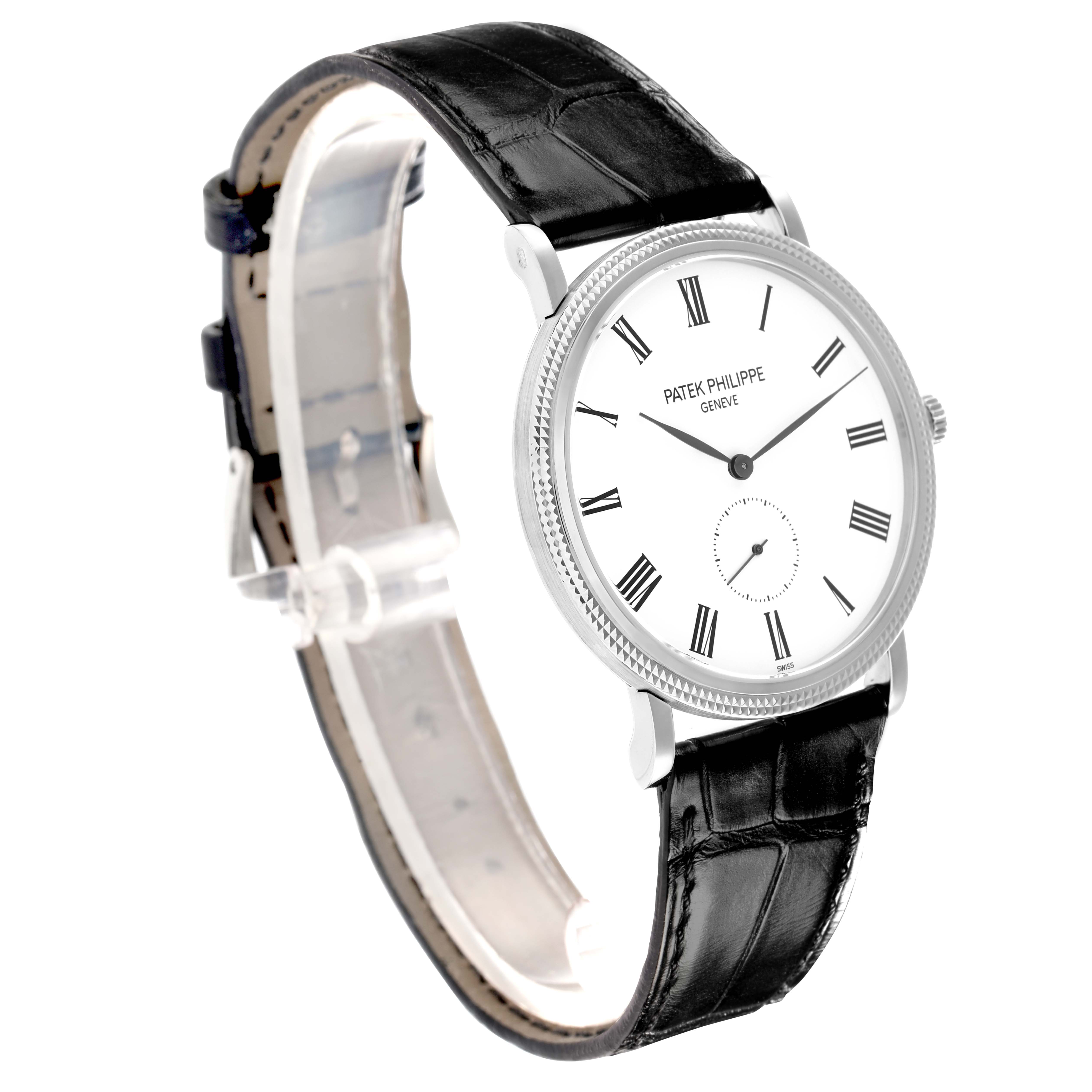 The Patek Philippe Calatrava 5119G-001 Men
s White Gold White Dial watch is shown at a three-quarter angle, displaying the face, bezel, crown, and leather strap.