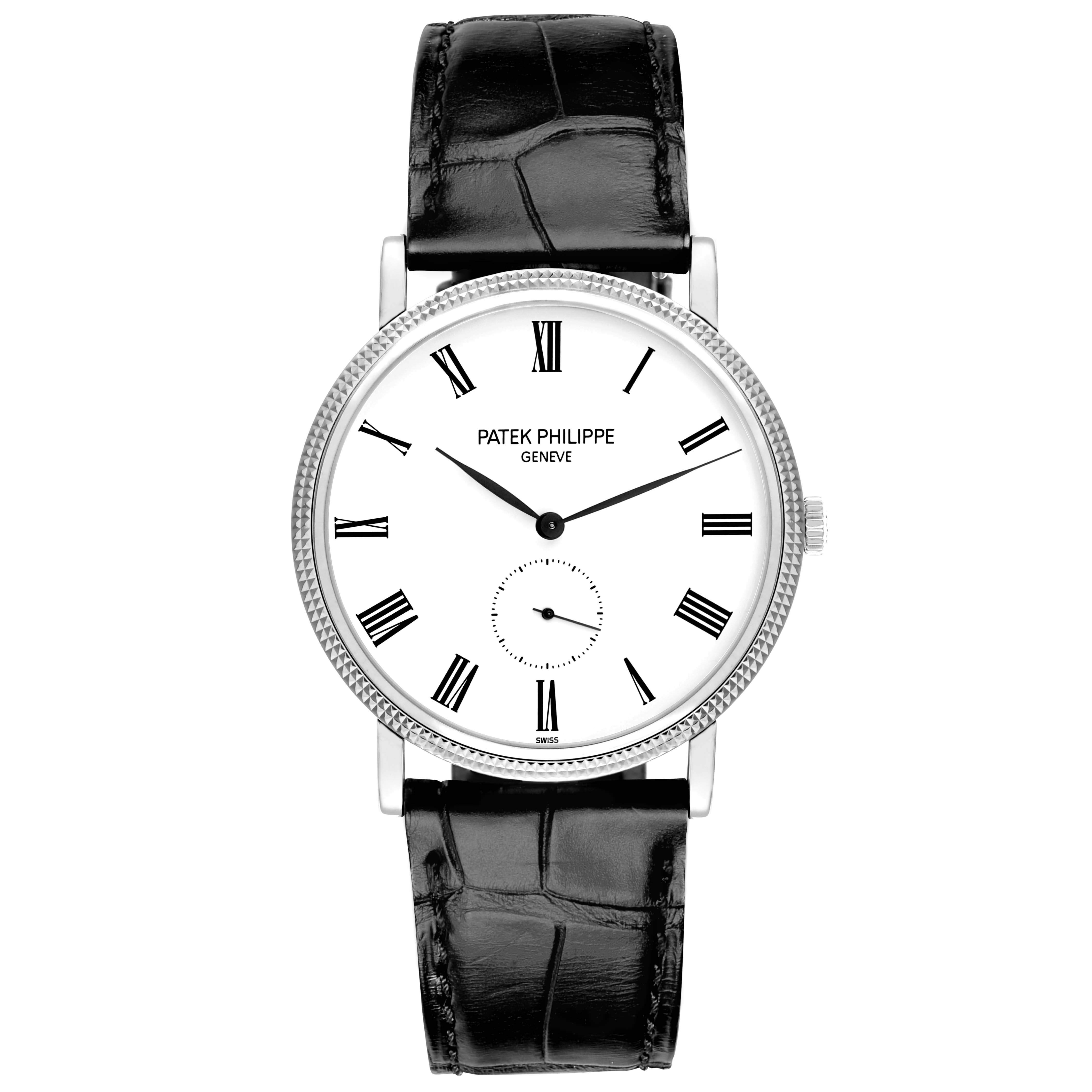 This Patek Philippe Calatrava 5119G-001 Men
s White Gold White Dial watch is shown from the front, highlighting the dial, hands, Roman numerals, and leather strap.