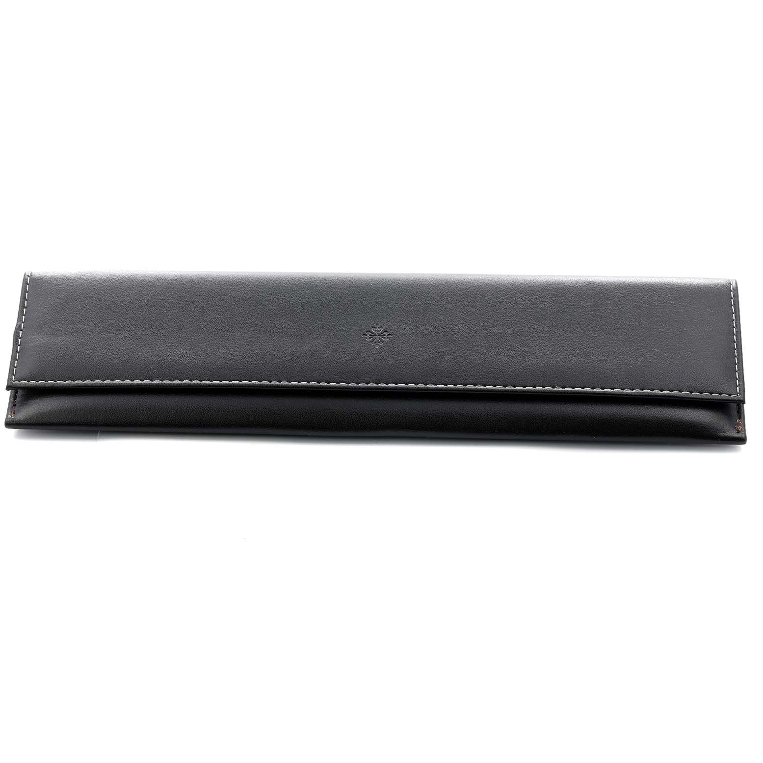 This is a black leather watch pouch for a Patek Philippe Calatrava 5119G-001 Men
s White Gold White Dial, shown from a front angle with visible stitching.