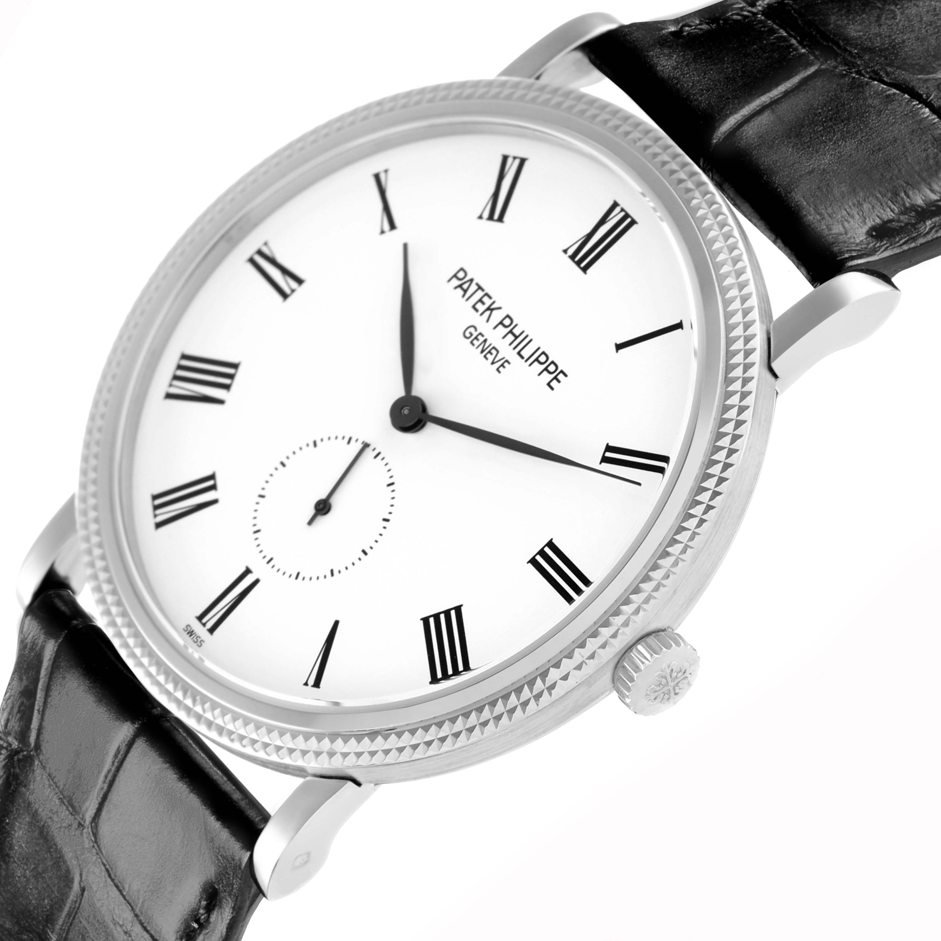 The Patek Philippe Calatrava 5119G-001 Men
s White Gold White Dial watch is shown at an angle displaying the case, dial, crown, and a portion of the leather strap.