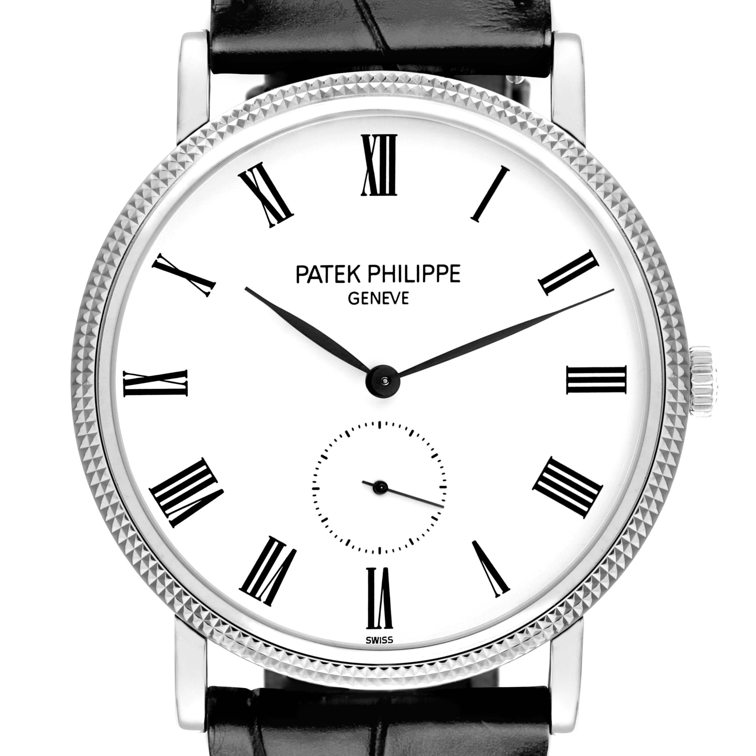 The Patek Philippe Calatrava 5119G-001 Men
s White Gold White Dial watch is shown from the front, displaying its face, Roman numerals, and textured bezel.