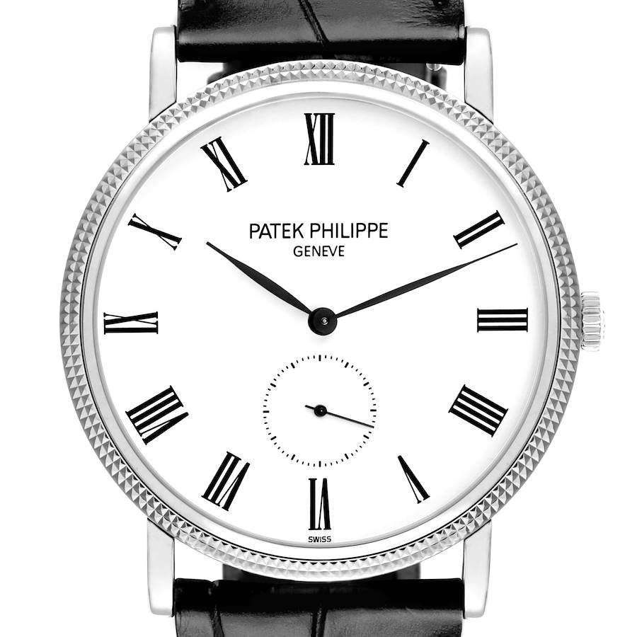 The Patek Philippe Calatrava 5119G-001 Men's White Gold White Dial watch is shown from the front, displaying its face, Roman numerals, and textured bezel.