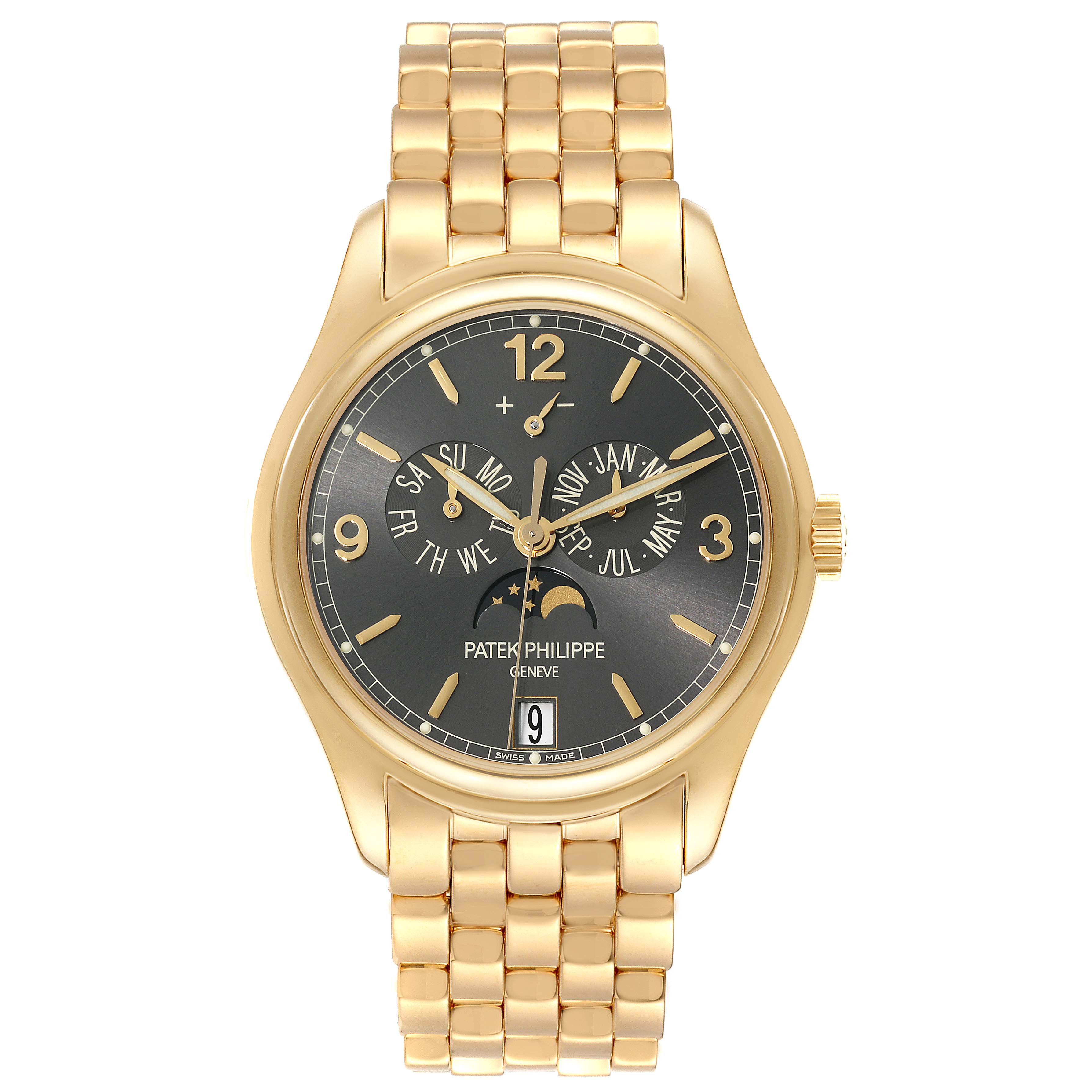 The Patek Philippe Complications 5146J-010 Men
s Yellow Gold Grey Dial watch is shown from a front view, displaying its gold case, bracelet, and detailed dial.