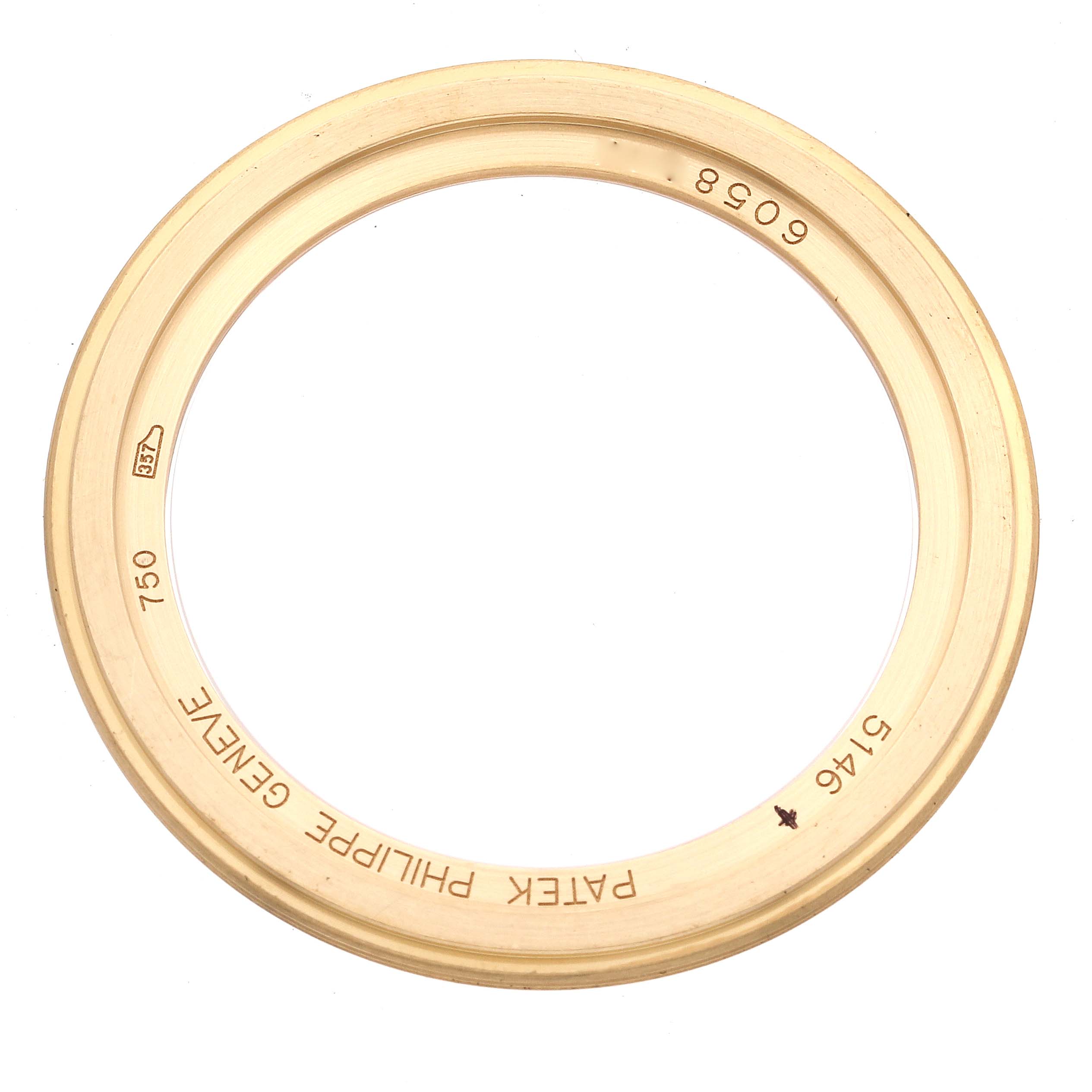 The image shows a gold ring component of a Patek Philippe Complications 5146J-010 Men
s Yellow Gold Grey Dial model, viewed from the top.