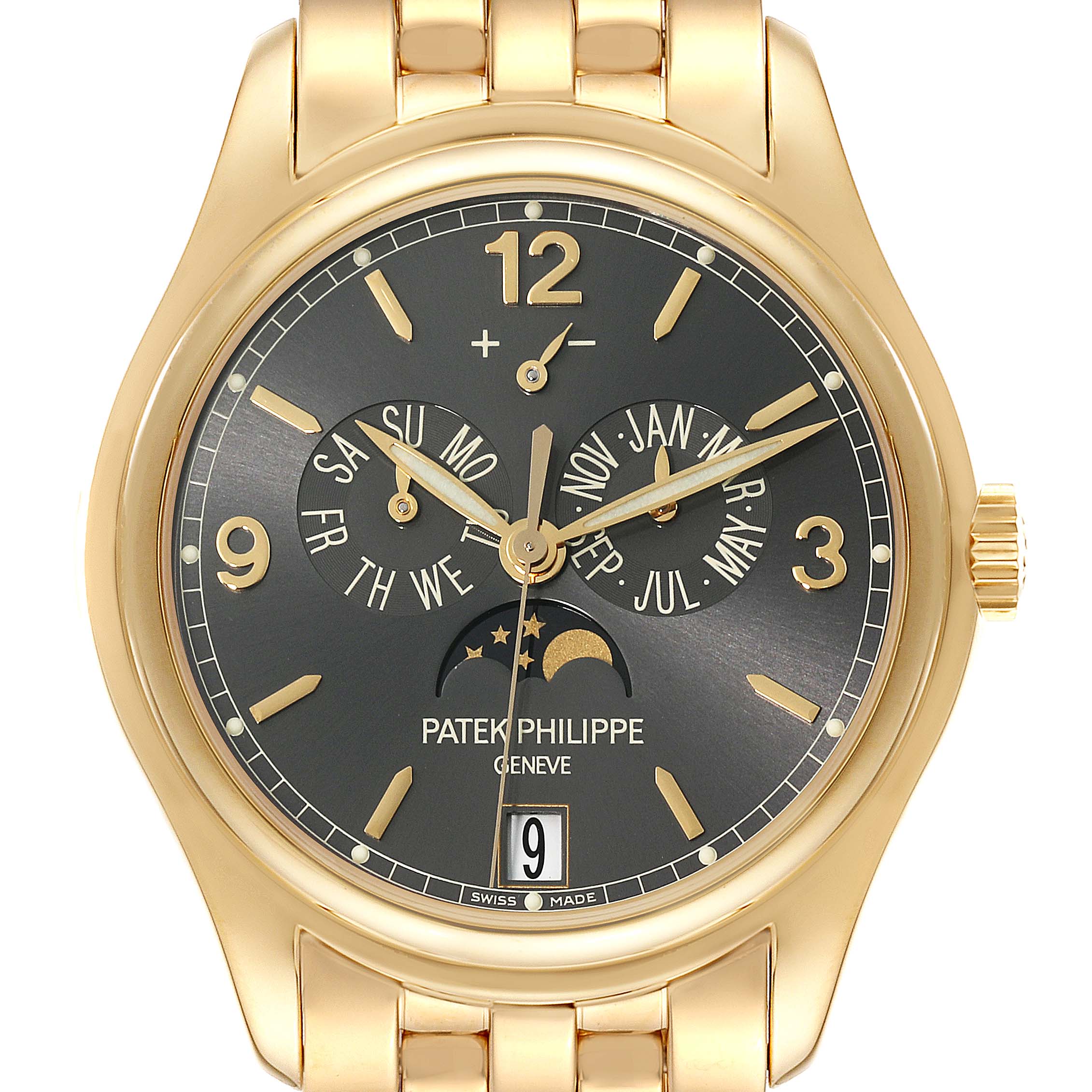 The Patek Philippe Complications 5146J-010 Men
s Yellow Gold Grey Dial watch is shown from the front, highlighting its dial, complications, and gold case and bracelet.