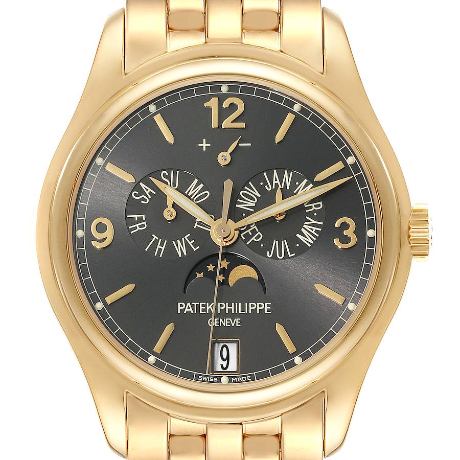 The Patek Philippe Complications 5146J-010 Men's Yellow Gold Grey Dial watch is shown from the front, highlighting its dial, complications, and gold case and bracelet.