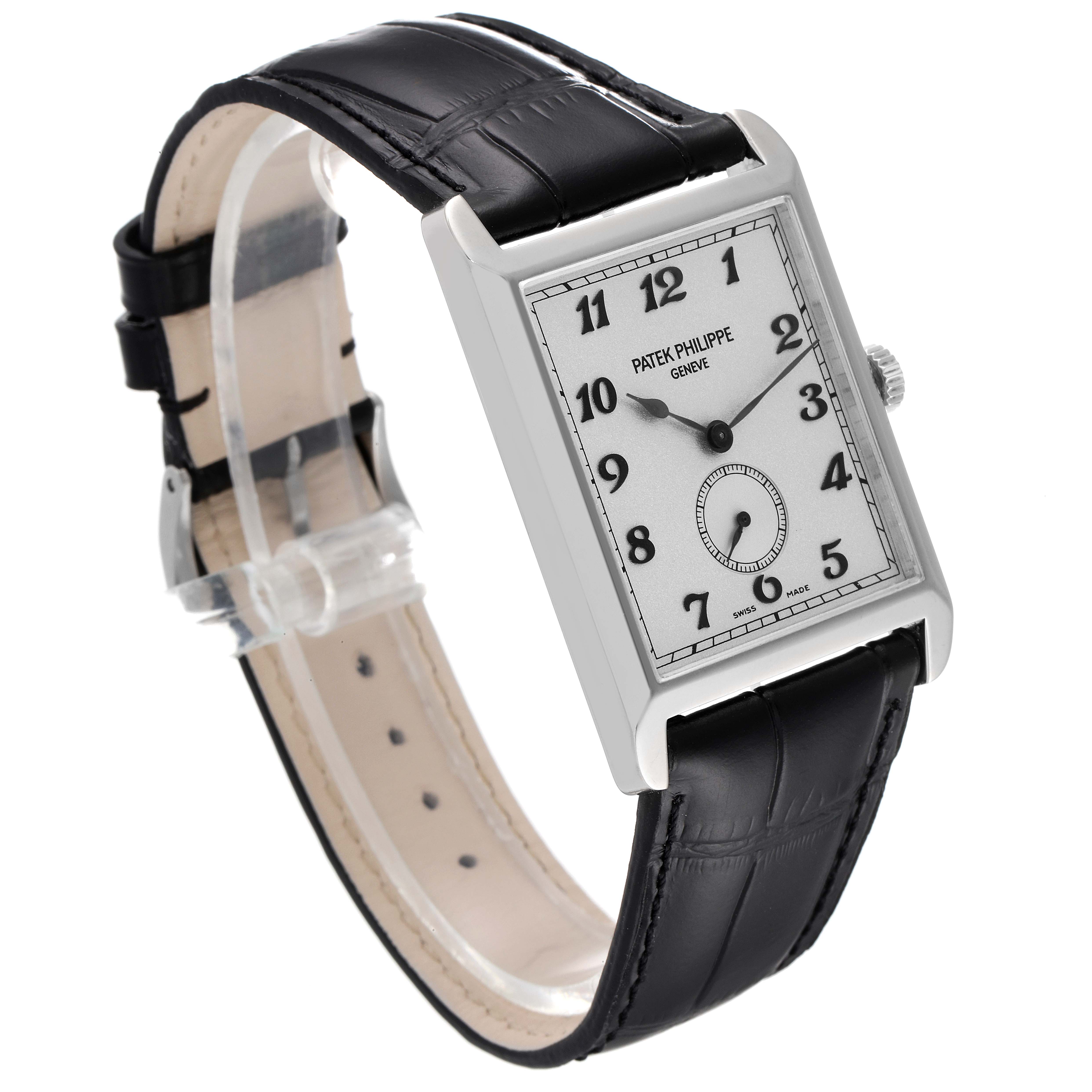 The image shows a front and side angle of a Patek Philippe Gondolo 5109G Men
s White Gold Silver Dial 5109G Men
s White Gold Silver Dial watch with a black leather strap.
