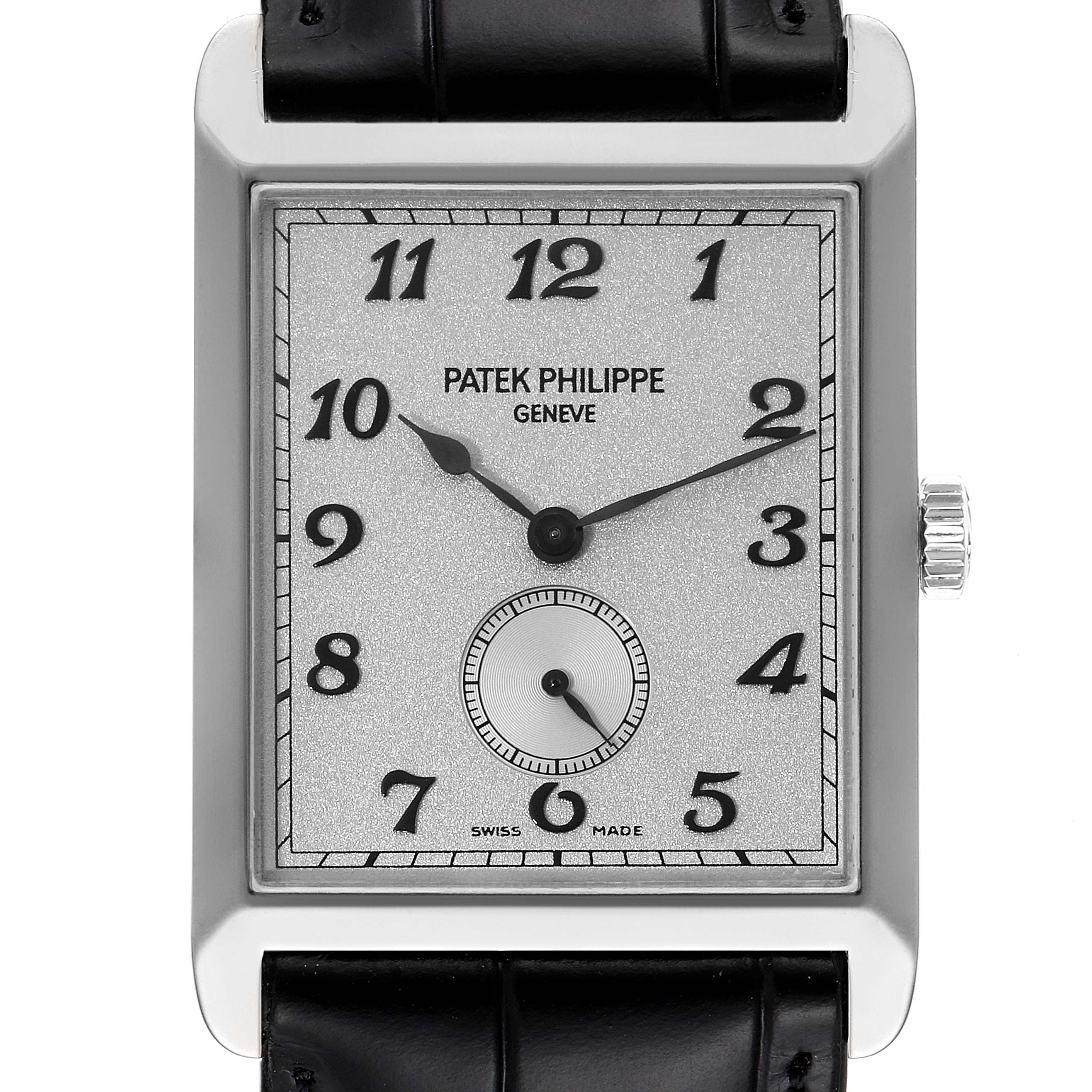 The image shows a front angle of the face of a Patek Philippe Gondolo 5109G Men
s White Gold Silver Dial 5109G Men
s White Gold Silver Dial watch, including the dial, case, hands, and part of the strap.