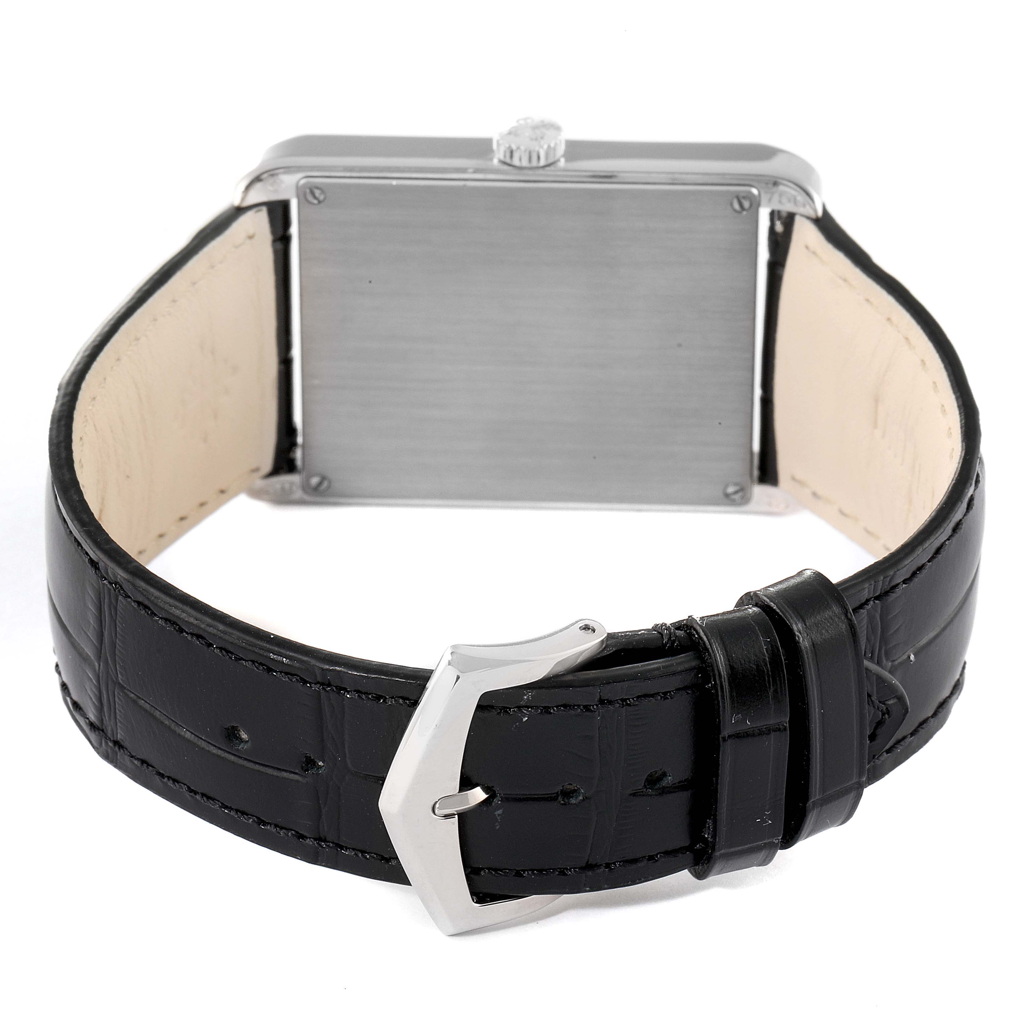 The image shows the back view of a Patek Philippe Gondolo 5109G Men
s White Gold Silver Dial 5109G Men
s White Gold Silver Dial watch, highlighting its clasp and black leather strap.