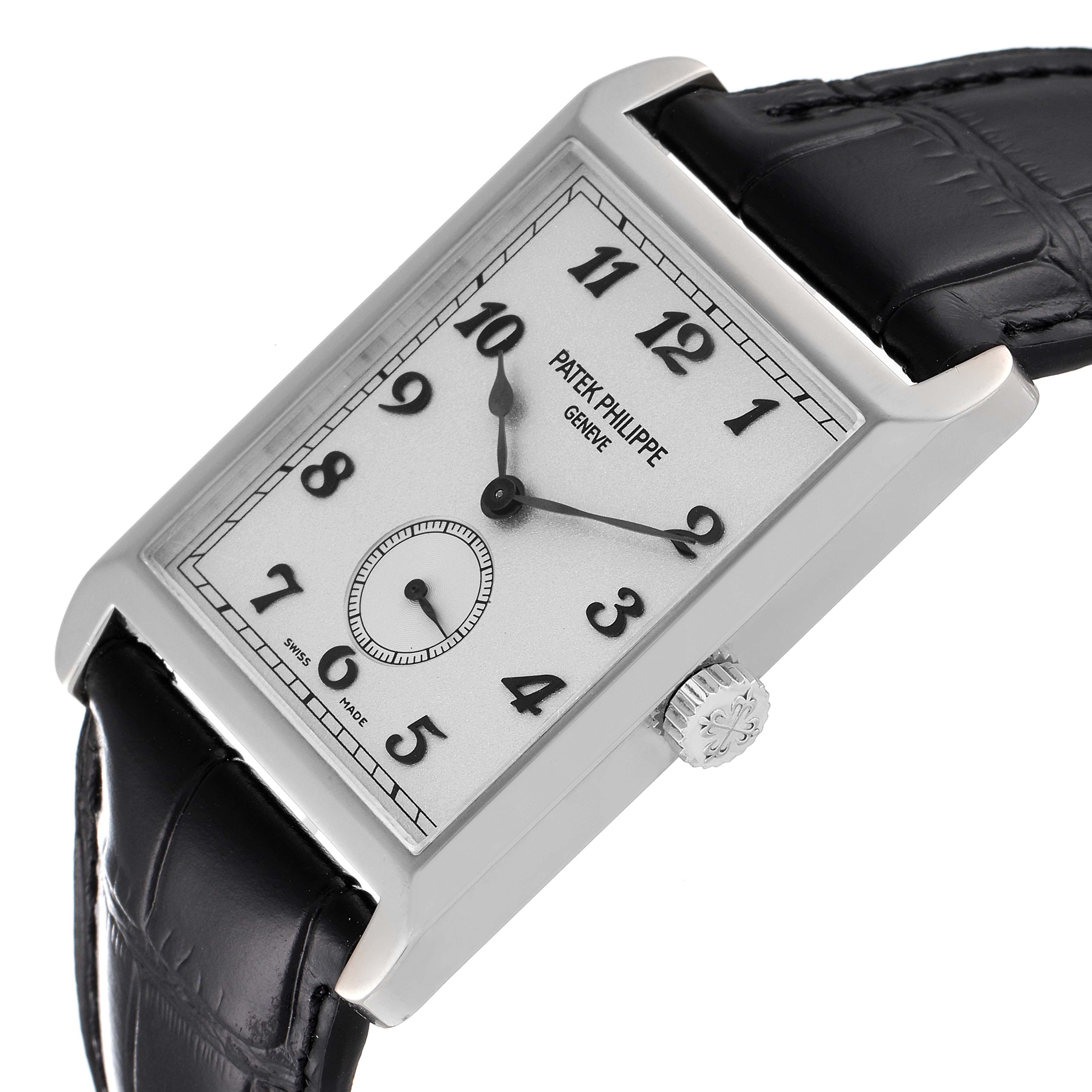 The image shows a Patek Philippe Gondolo 5109G Men
s White Gold Silver Dial 5109G Men
s White Gold Silver Dial watch at an angled view, highlighting the dial, crown, and black leather strap.