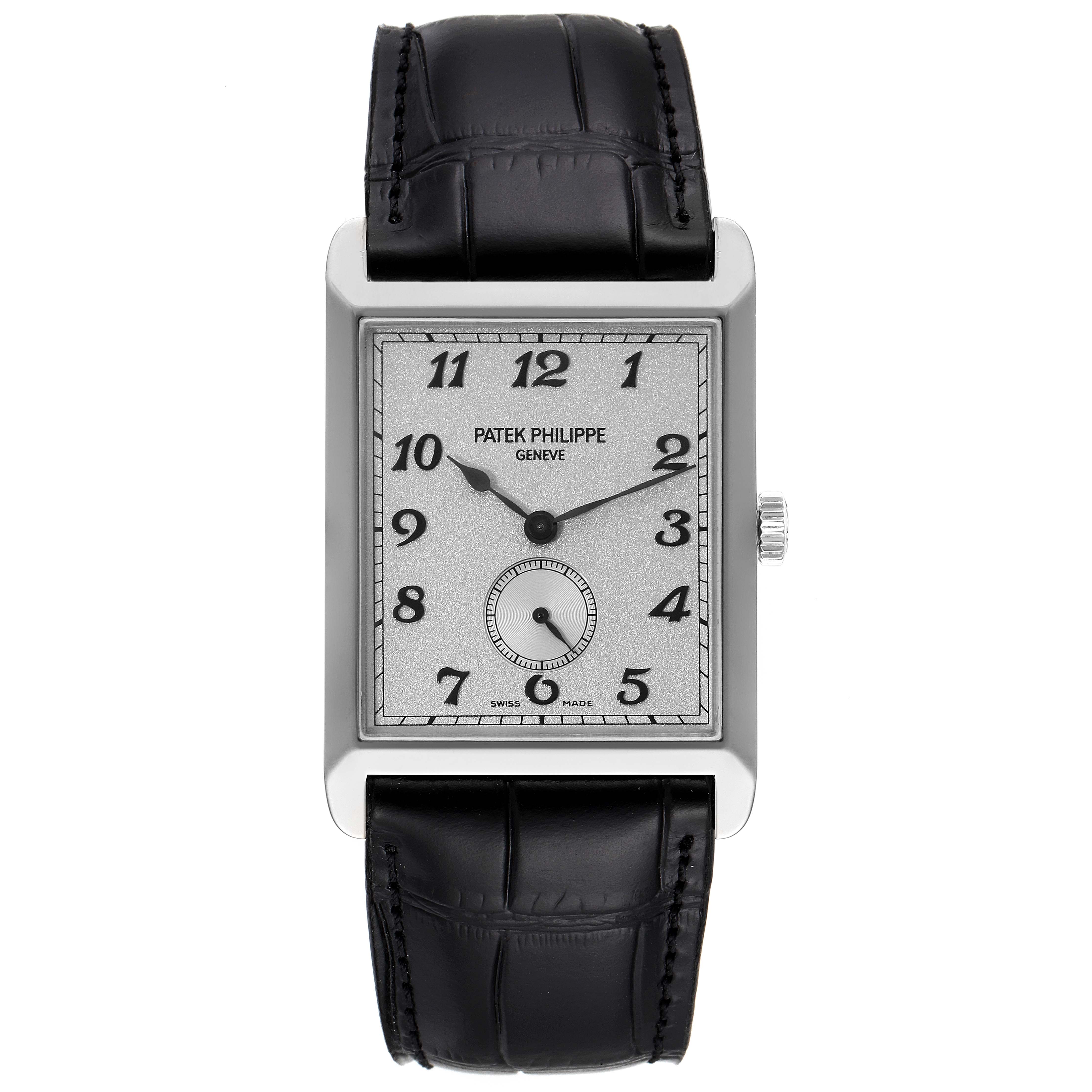 This image shows a frontal view of the Gondolo model watch by Patek Philippe, including its face and black leather strap.