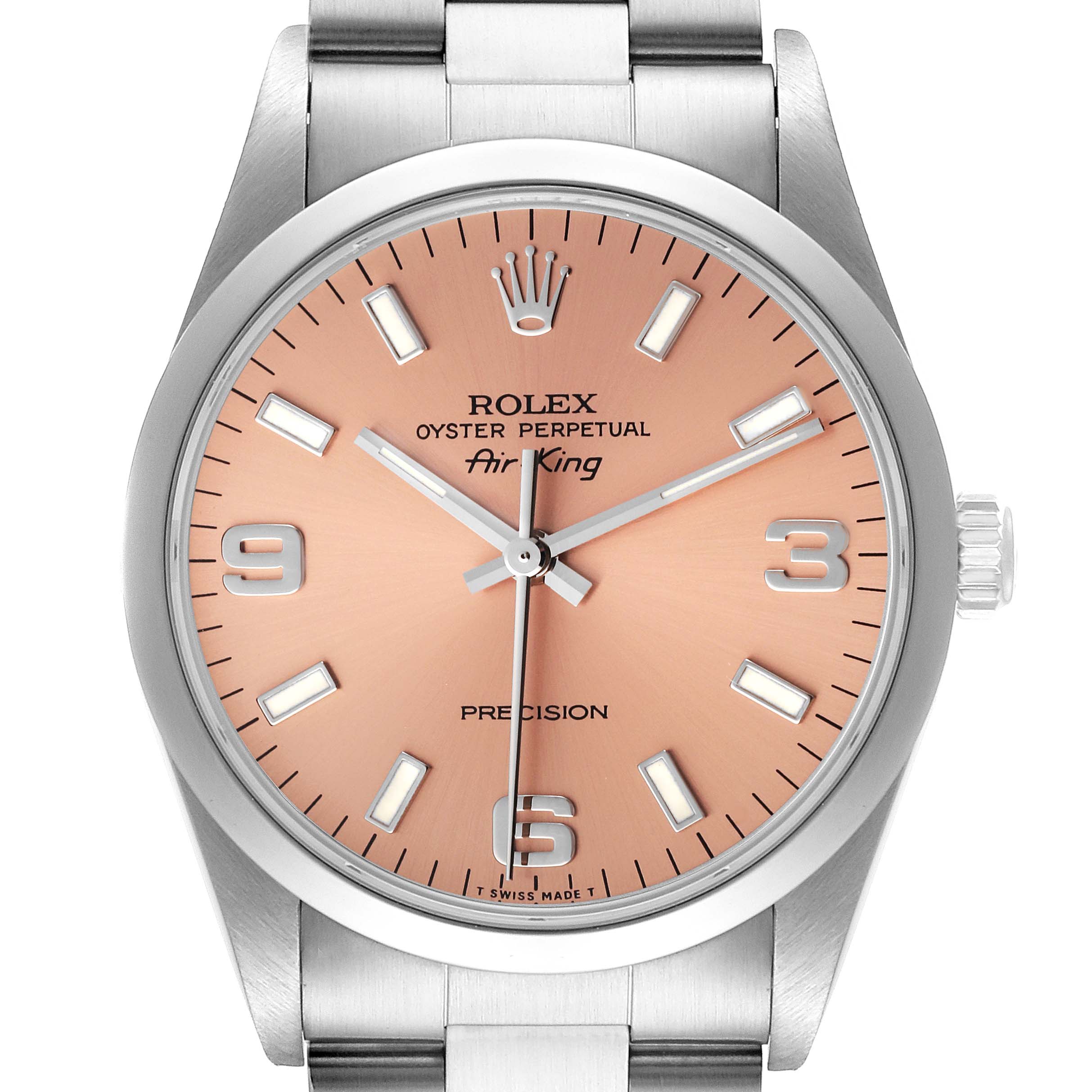 The image shows a front view of a Rolex Air-King 14000 Men's Stainless Steel Pink Dial 14000 Men's Stainless Steel Pink Dial watch, highlighting the dial, hour markers, hands, crown, and part of the bracelet.