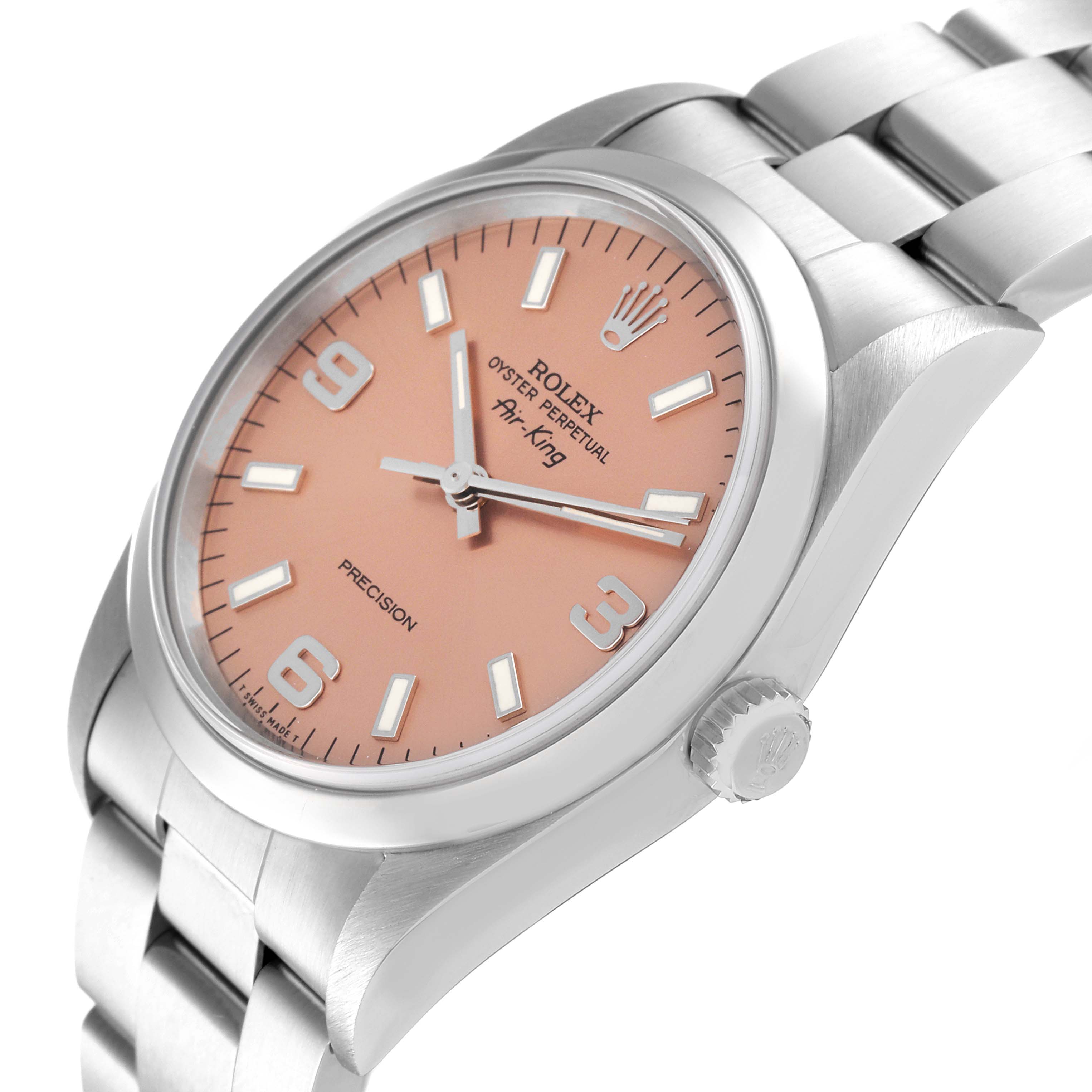 The Rolex Air-King 14000 Men's Stainless Steel Pink Dial 14000 Men's Stainless Steel Pink Dial watch is shown at an angle revealing the dial, case, crown, and bracelet.
