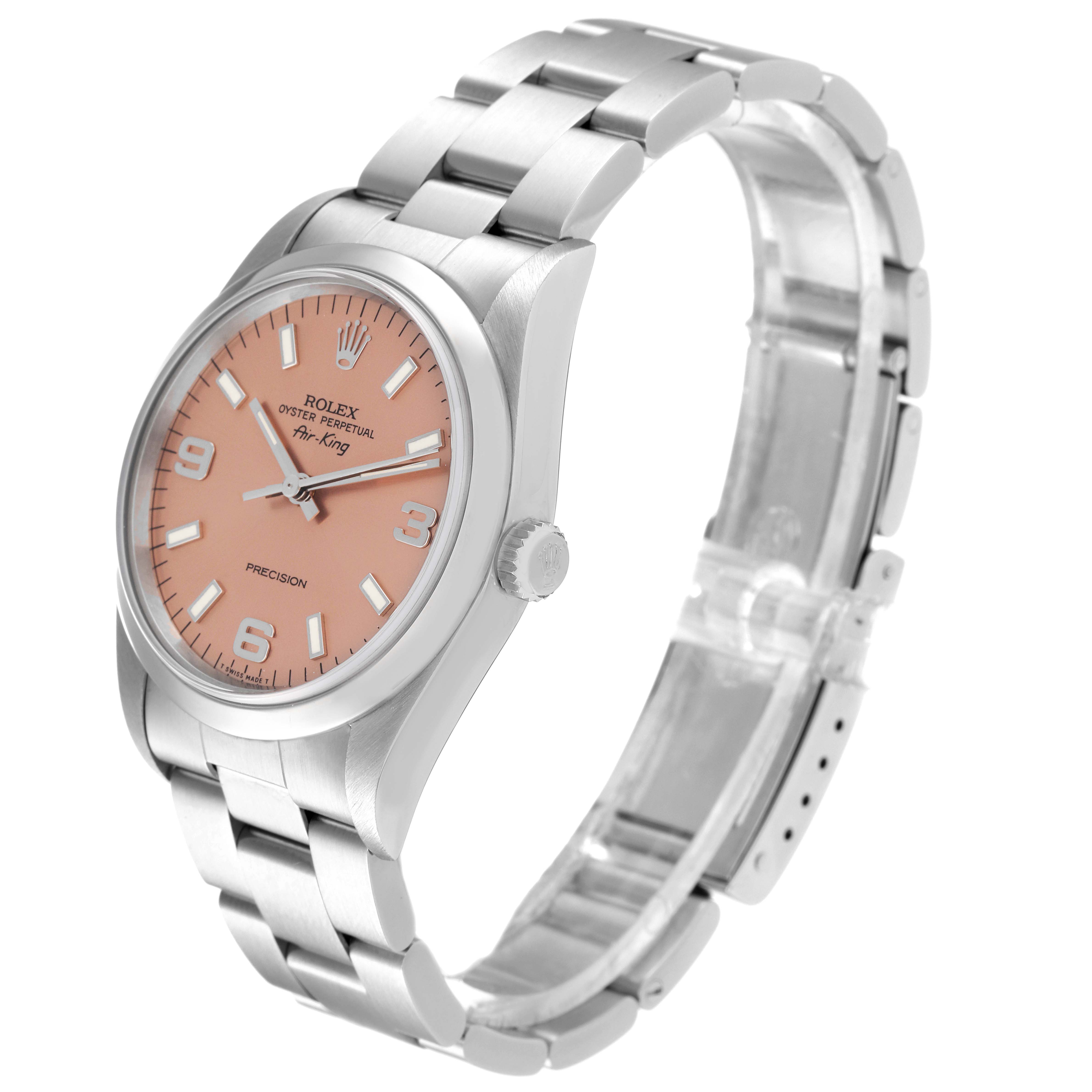 The Rolex Air-King 14000 Men's Stainless Steel Pink Dial 14000 Men's Stainless Steel Pink Dial watch is shown at a three-quarter angle, displaying the dial, bracelet, case, and crown.