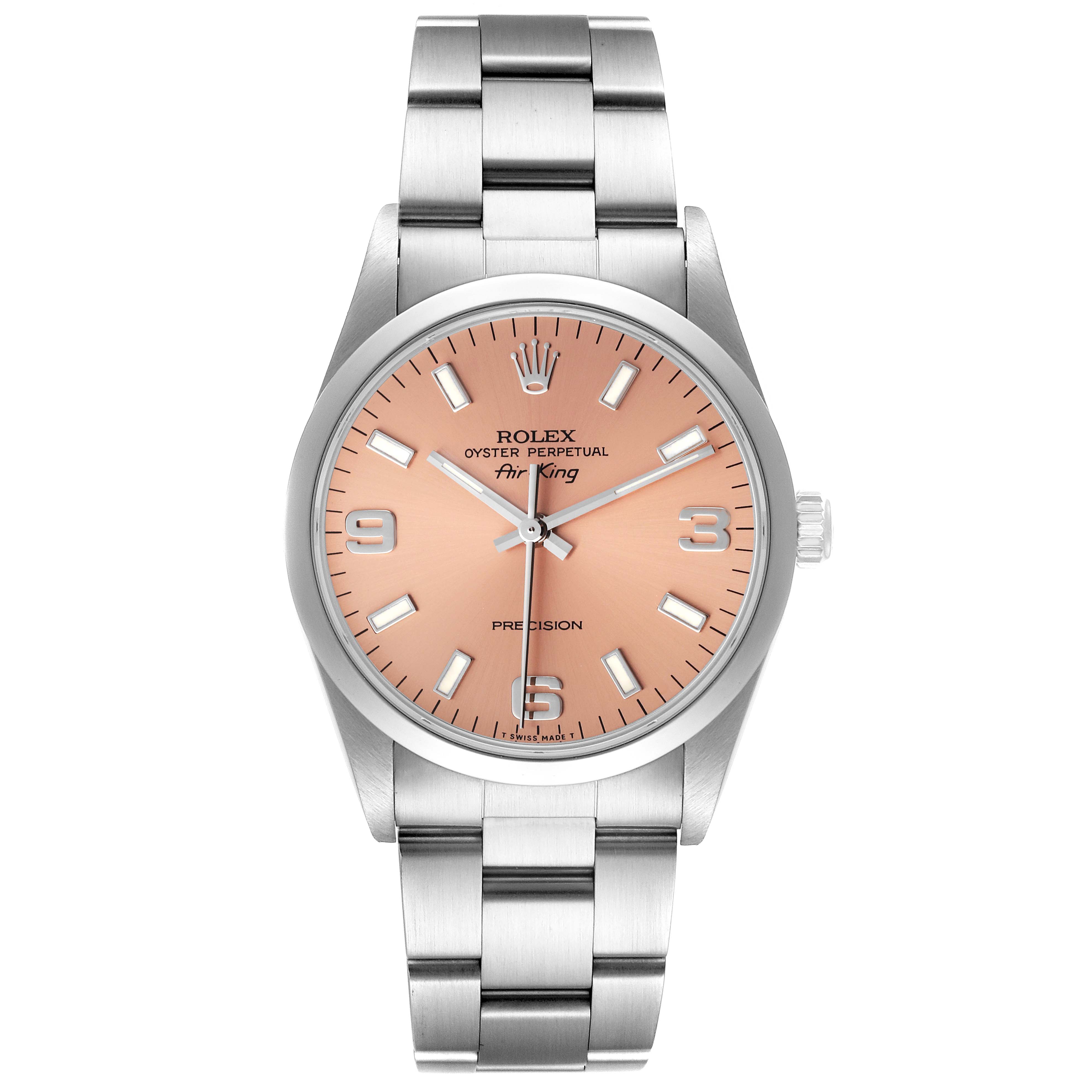 The image shows a Rolex Air-King 14000 Men's Stainless Steel Pink Dial 14000 Men's Stainless Steel Pink Dial watch from a front angle, highlighting its face, dial, hands, and bracelet.