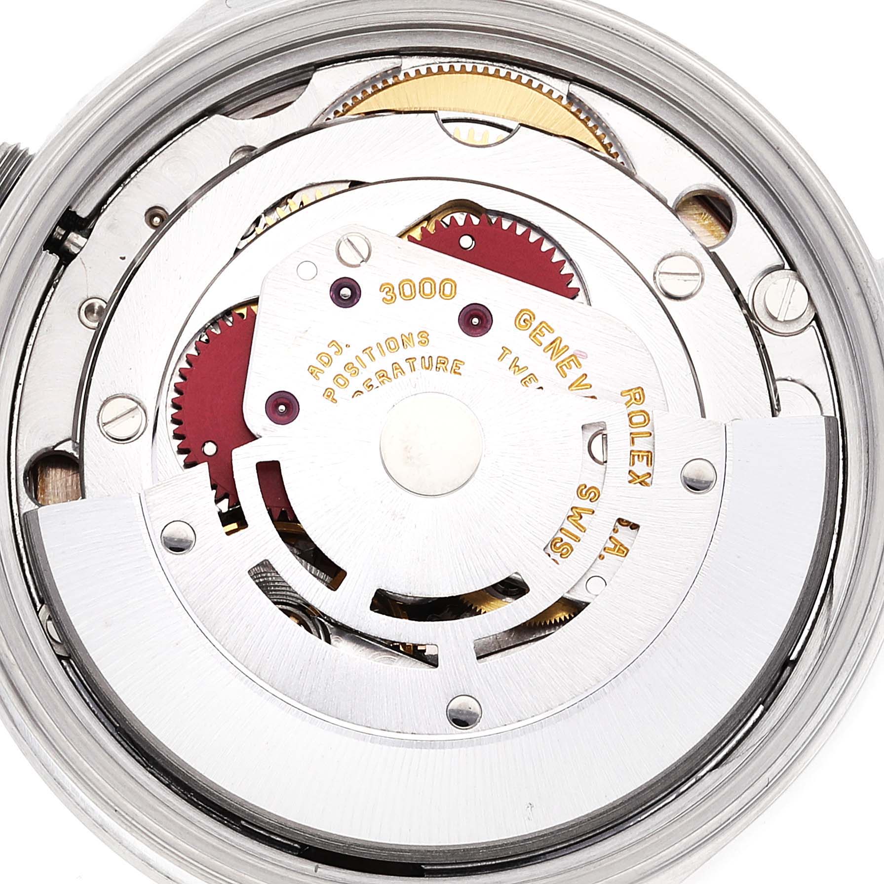 The image shows the internal mechanism of a Rolex Air-King 14000 Men's Stainless Steel Pink Dial 14000 Men's Stainless Steel Pink Dial watch from a direct top view, highlighting gears and the rotor.