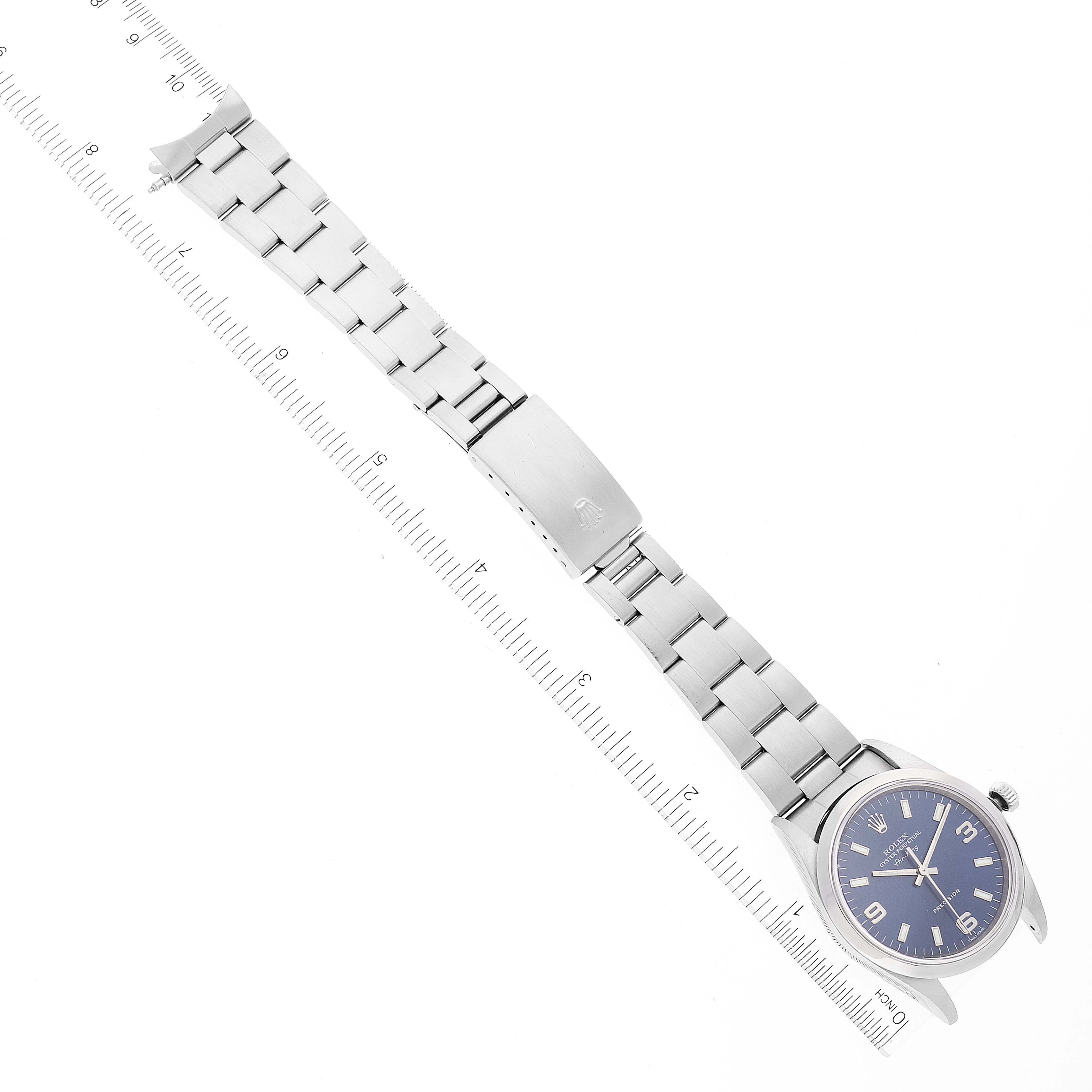 The image shows a Rolex Air-King 14000 Men's Stainless Steel Blue Dial 14000 Men's Stainless Steel Blue Dial watch laid flat, highlighting the band, clasp, bezel, and face.