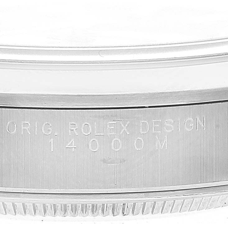 This image shows a close-up of the case side and bezel of a Rolex Air-King 14000 Men's Stainless Steel Blue Dial 14000 Men's Stainless Steel Blue Dial watch, model number 14000M.