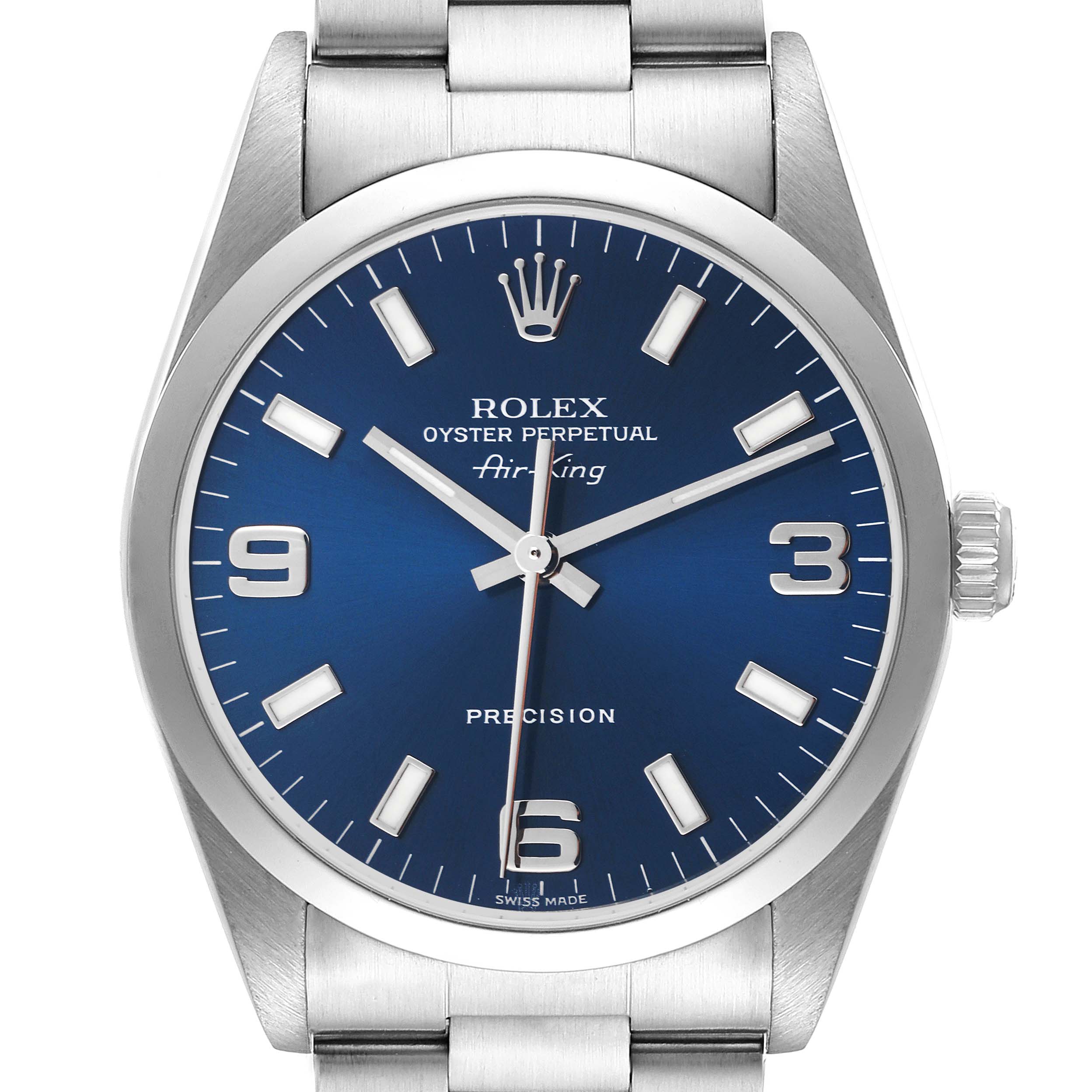 This image shows a front view of the Rolex Air-King 14000 Men's Stainless Steel Blue Dial 14000 Men's Stainless Steel Blue Dial watch, highlighting the dial, hands, crown, and part of the bracelet.