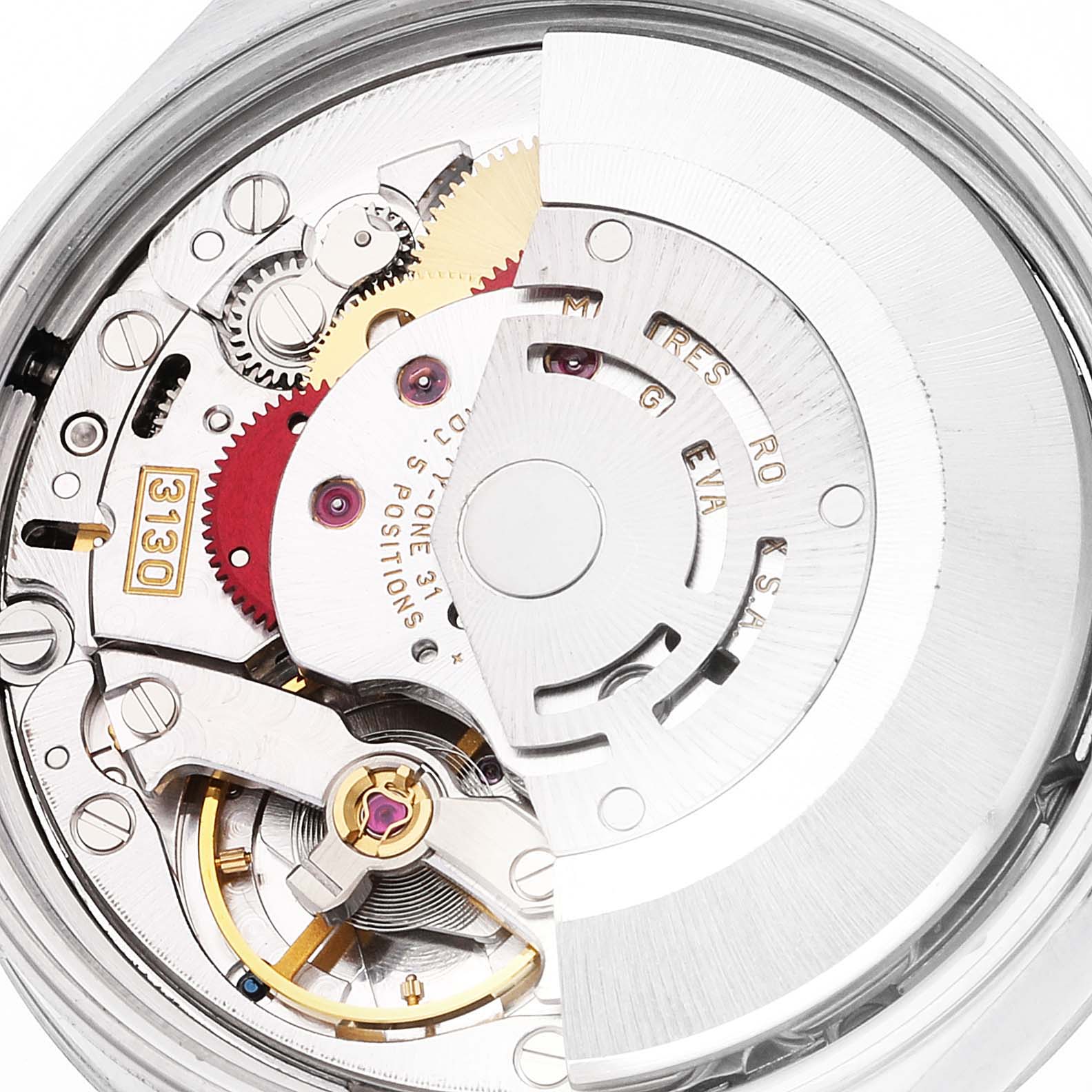 This image shows a close-up of the Rolex Air-King 14000 Men's Stainless Steel Blue Dial 14000 Men's Stainless Steel Blue Dial watch movement, highlighting the gears and intricate internal mechanisms.