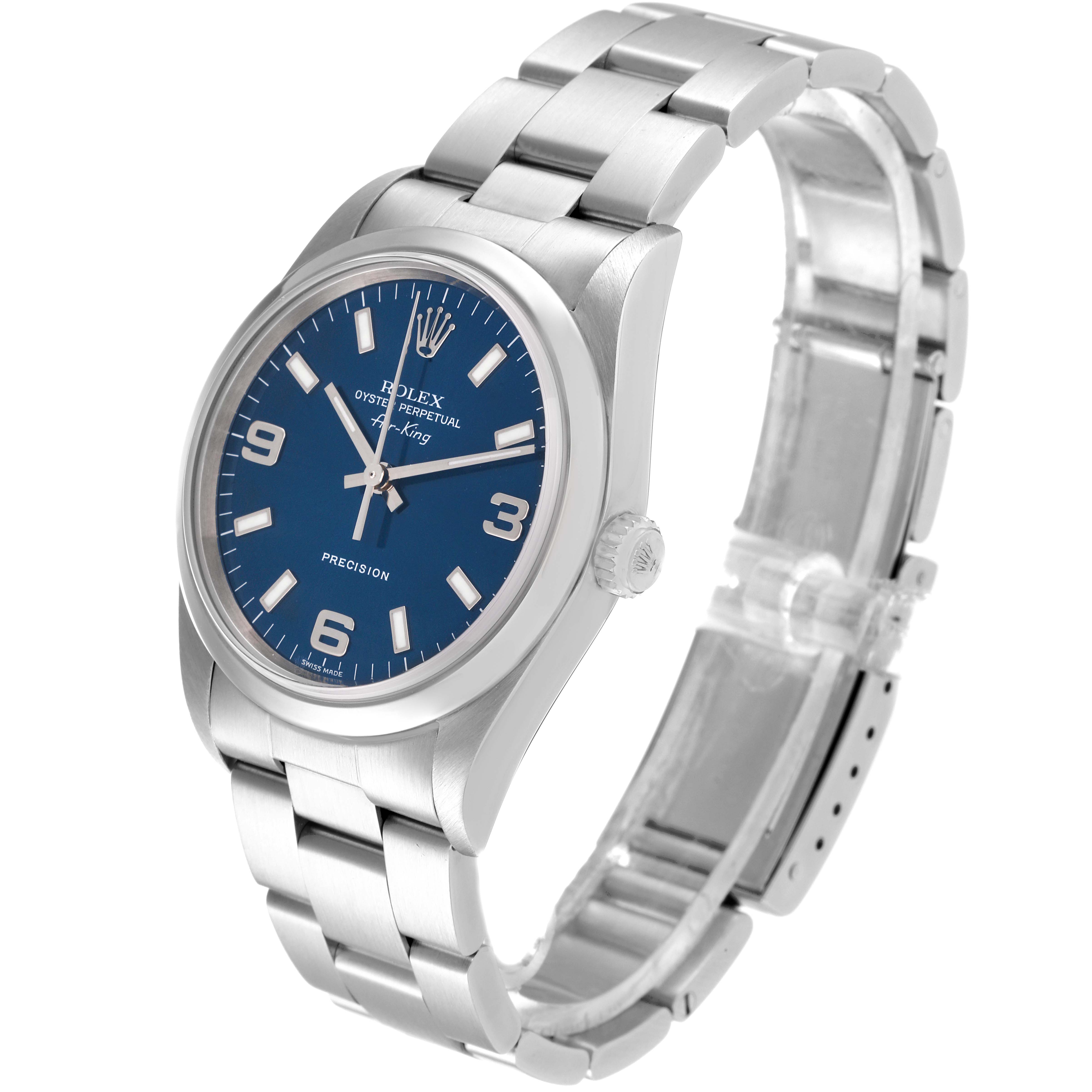 This image shows a Rolex Air-King 14000 Men's Stainless Steel Blue Dial 14000 Men's Stainless Steel Blue Dial watch at a slight angle displaying its face, case, and bracelet.