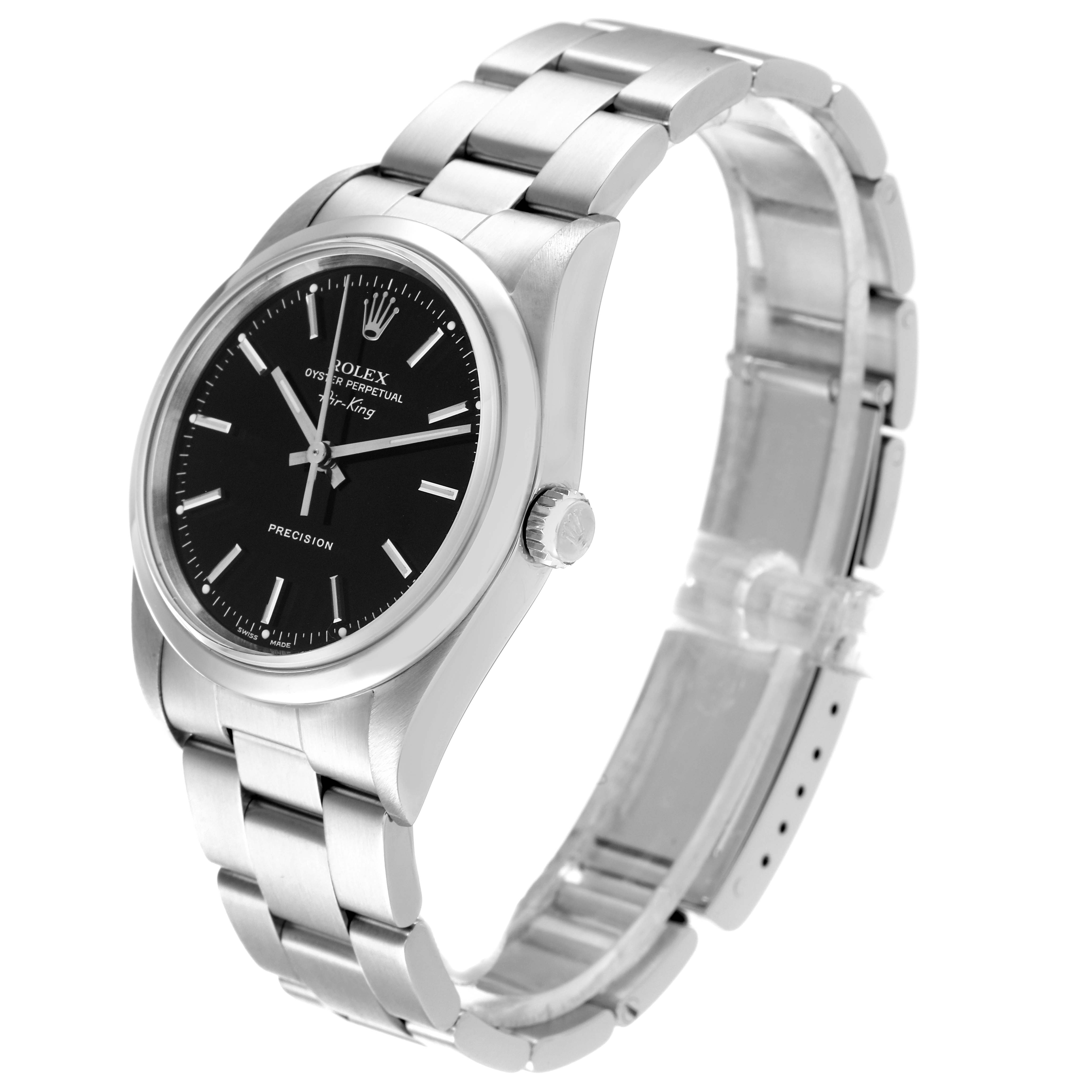 The image shows the Rolex Air-King 14000M Men's Stainless Steel Black Dial 14000M Men's Stainless Steel Black Dial watch at a three-quarter angle, displaying its face, stainless steel bracelet, and crown.