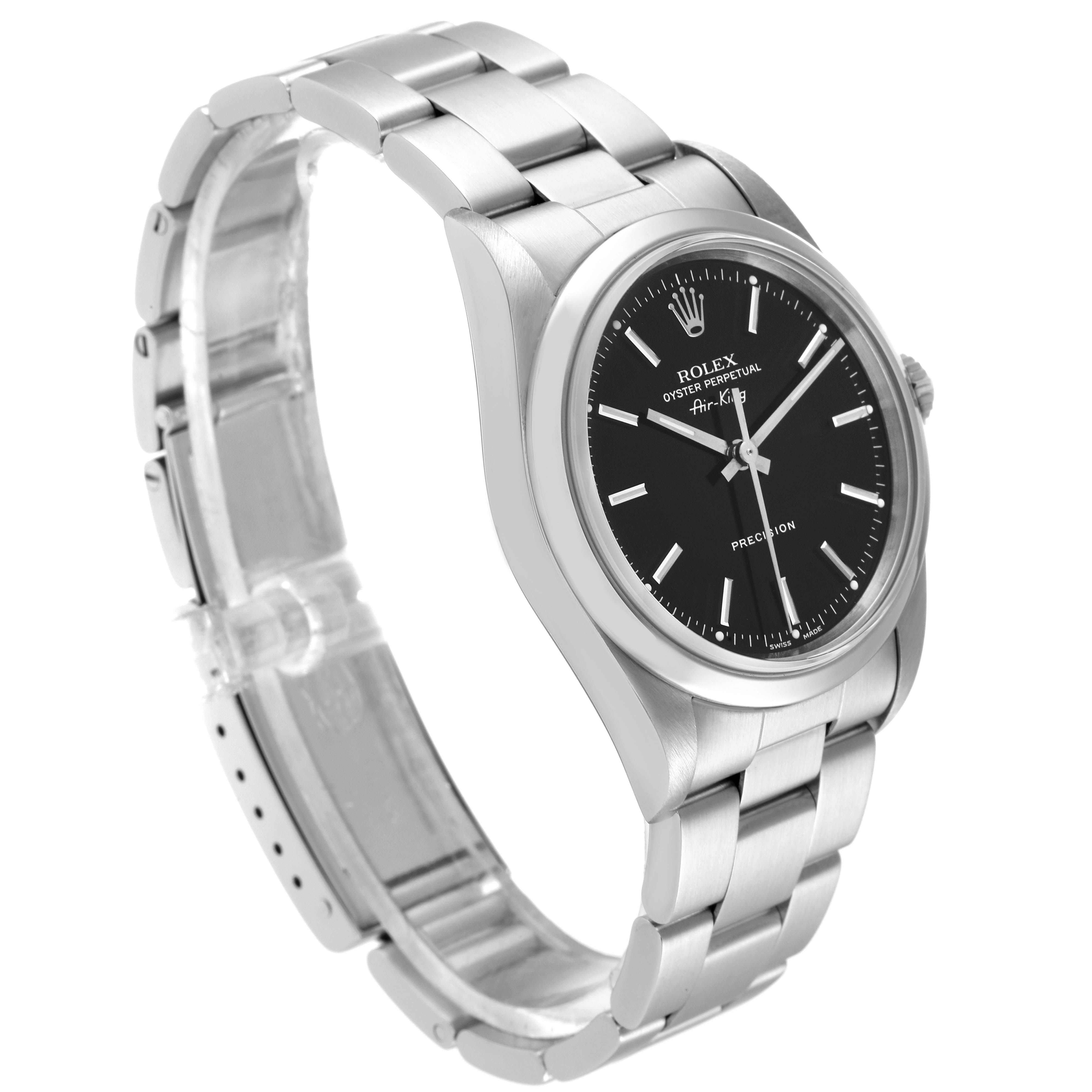 The image shows a Rolex Air-King 14000M Men's Stainless Steel Black Dial 14000M Men's Stainless Steel Black Dial watch at a slight angle, highlighting its black dial, stainless steel case, and bracelet.