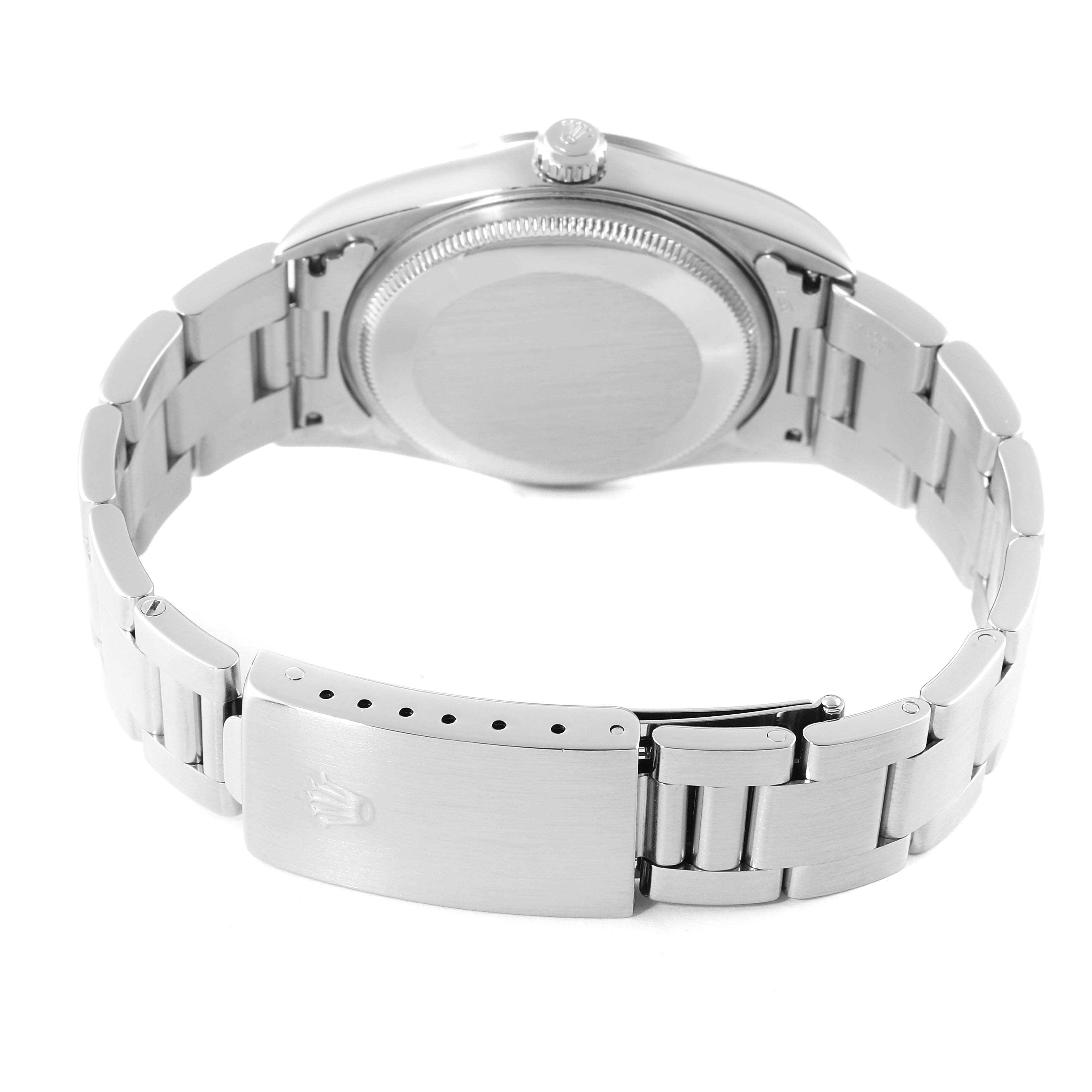 This image shows the backside of the Rolex Air-King 14000M Men's Stainless Steel Black Dial 14000M Men's Stainless Steel Black Dial watch, focusing on the case back, crown, and bracelet clasp.