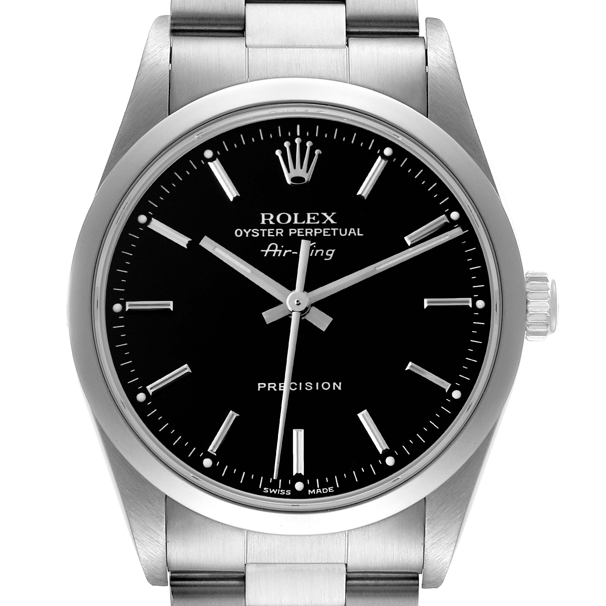 This image shows a front view of a Rolex Air-King 14000M Men's Stainless Steel Black Dial 14000M Men's Stainless Steel Black Dial watch featuring its black dial, markers, and stainless steel bracelet.