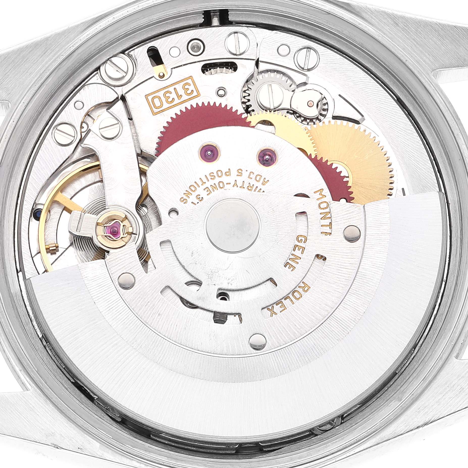 This image shows the internal movement mechanism of a Rolex Air-King 14000M Men's Stainless Steel Black Dial 14000M Men's Stainless Steel Black Dial watch from a top-down angle.
