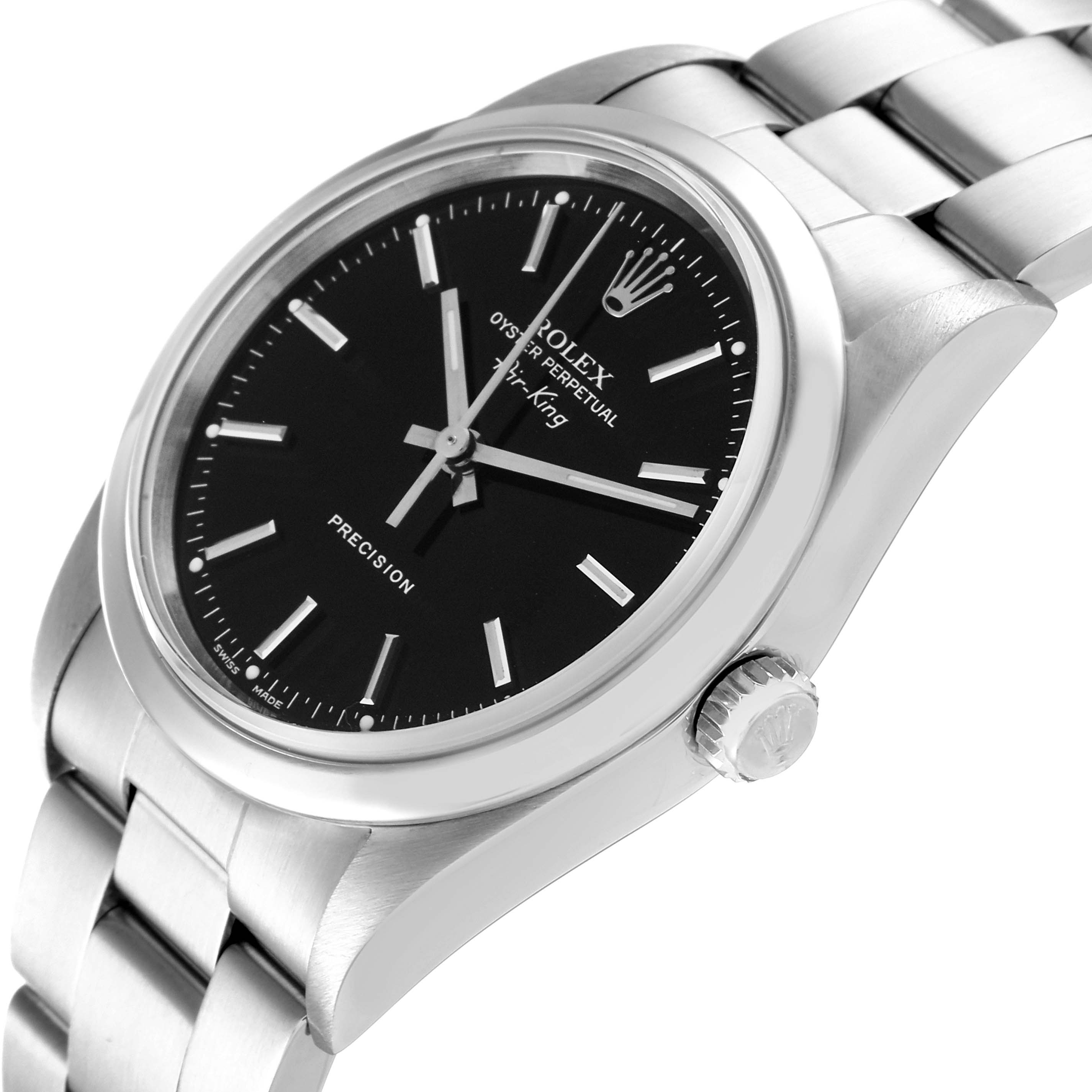 This image shows a close-up, angled view of a Rolex Air-King 14000M Men's Stainless Steel Black Dial 14000M Men's Stainless Steel Black Dial watch, focusing on the dial, case, and part of the bracelet.