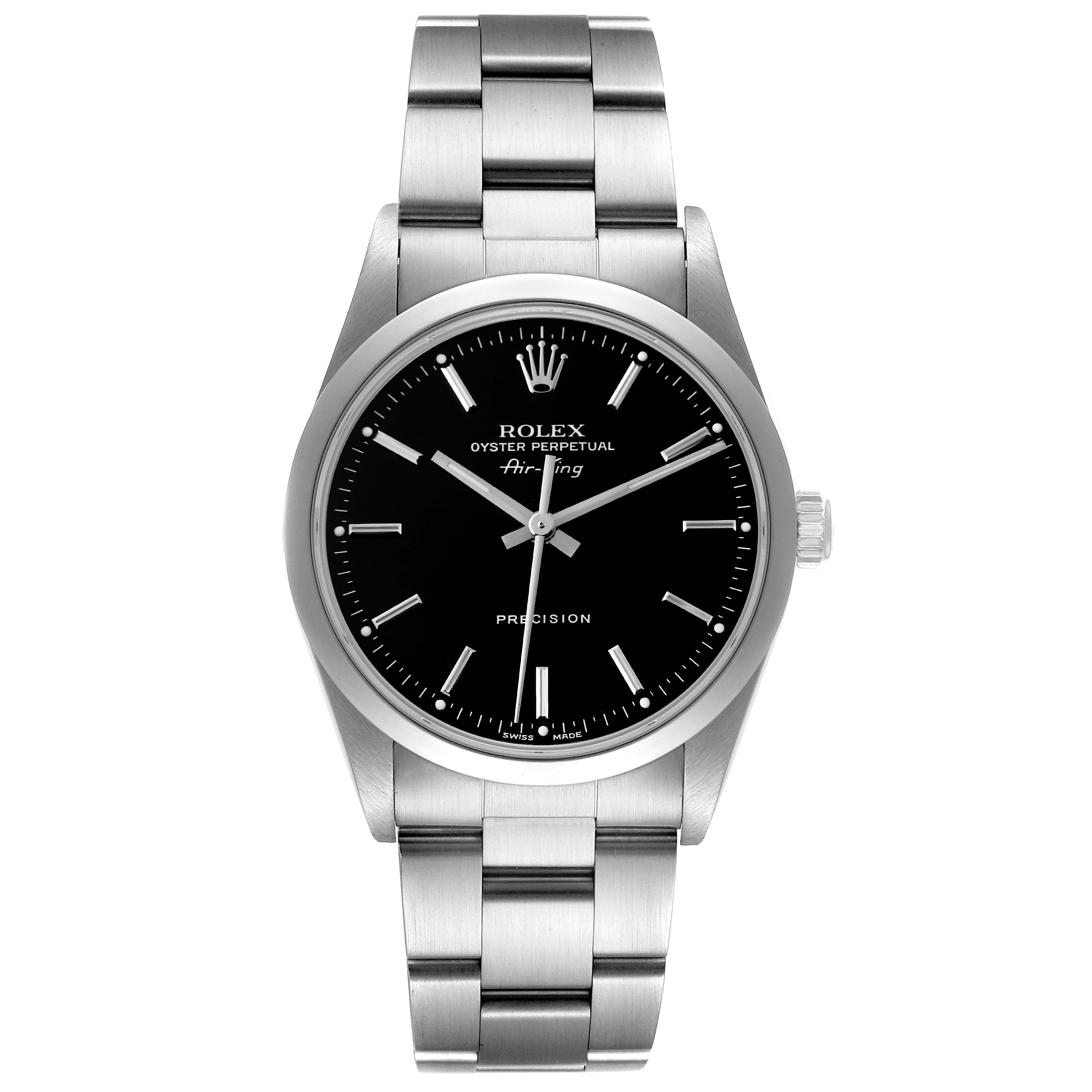 The Rolex Air-King 14000M Men's Stainless Steel Black Dial 14000M Men's Stainless Steel Black Dial watch is shown in a front-facing angle, displaying its black dial, silver hands, markers, and stainless steel bracelet.