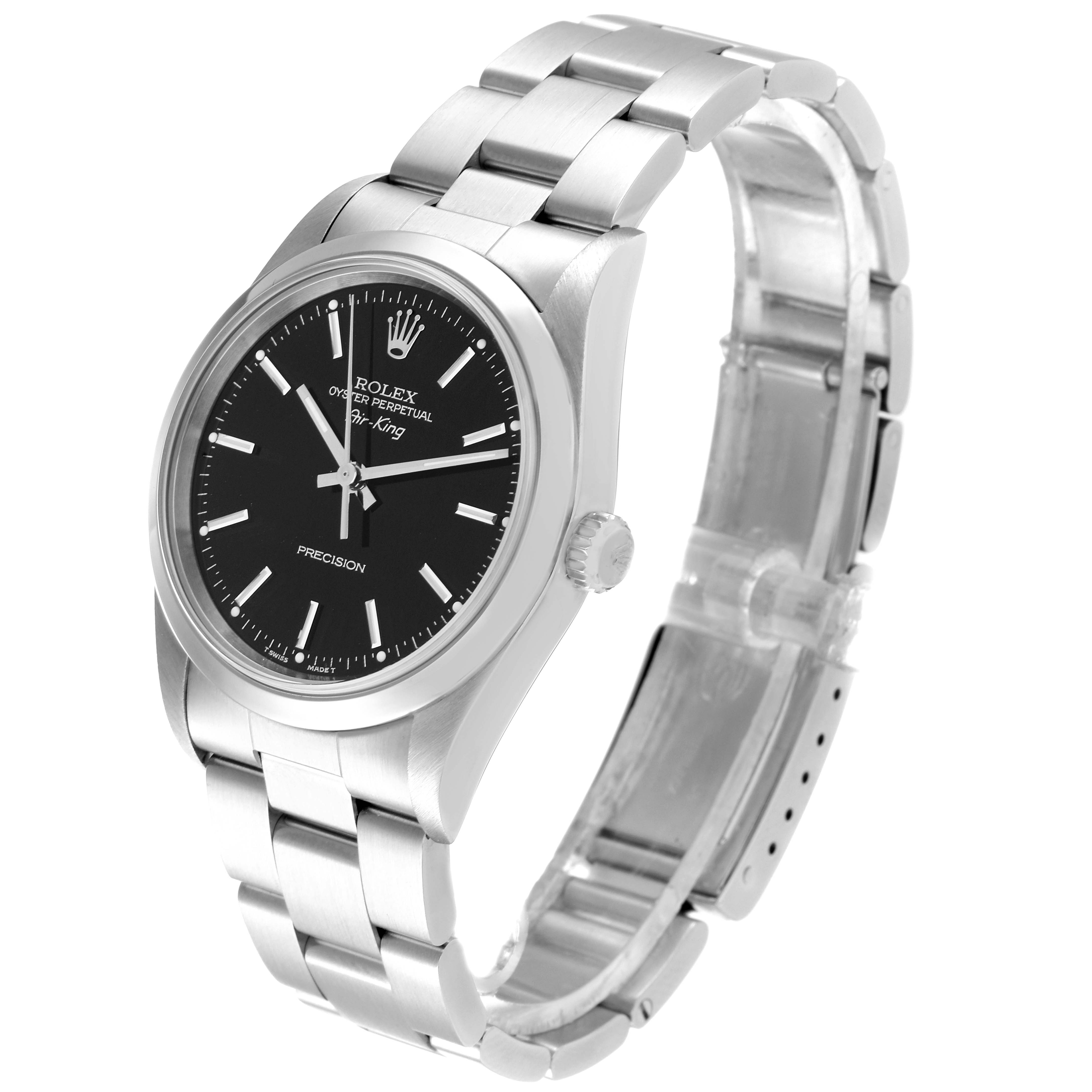 The image shows a Rolex Air-King 14000M Men's Stainless Steel Black Dial 14000M Men's Stainless Steel Black Dial watch at a slight angle, highlighting the dial, bezel, and bracelet.