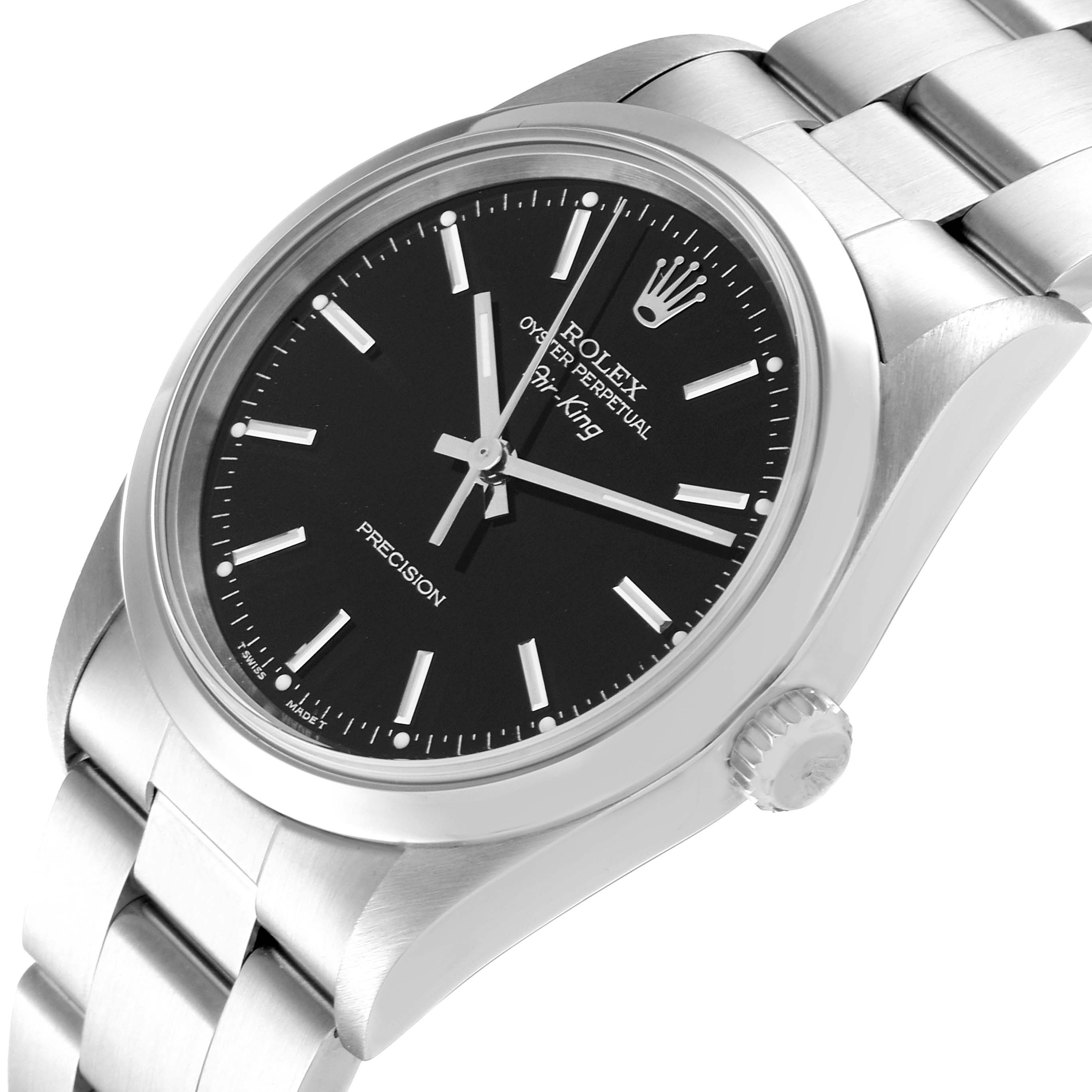 The image shows a close-up angle of the Rolex Air-King 14000M Men's Stainless Steel Black Dial 14000M Men's Stainless Steel Black Dial watch, highlighting its black dial, stainless steel case, and bracelet.