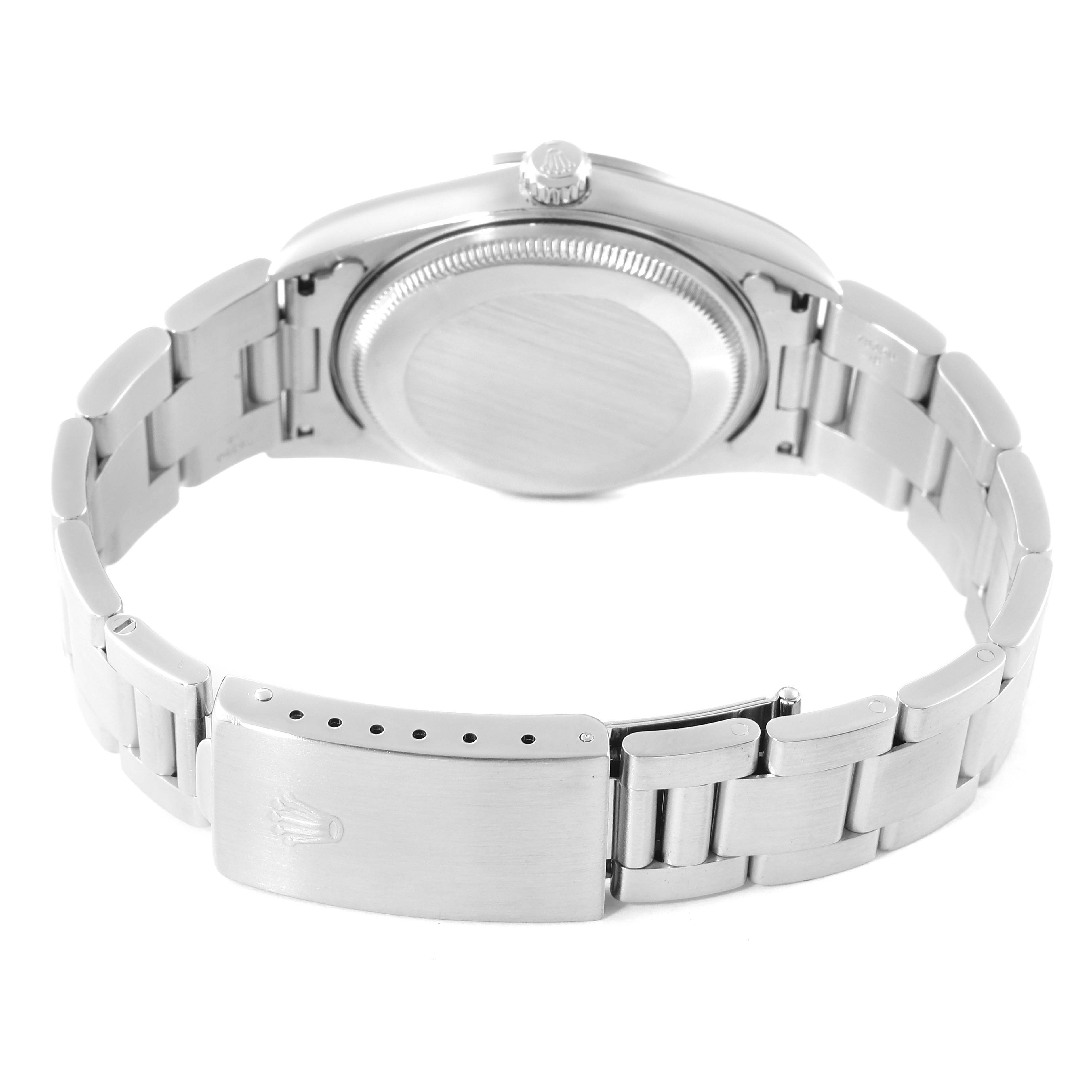 The image shows the back view of the Rolex Air-King 14000M Men's Stainless Steel Black Dial 14000M Men's Stainless Steel Black Dial watch, highlighting the case back and metal bracelet with the clasp.