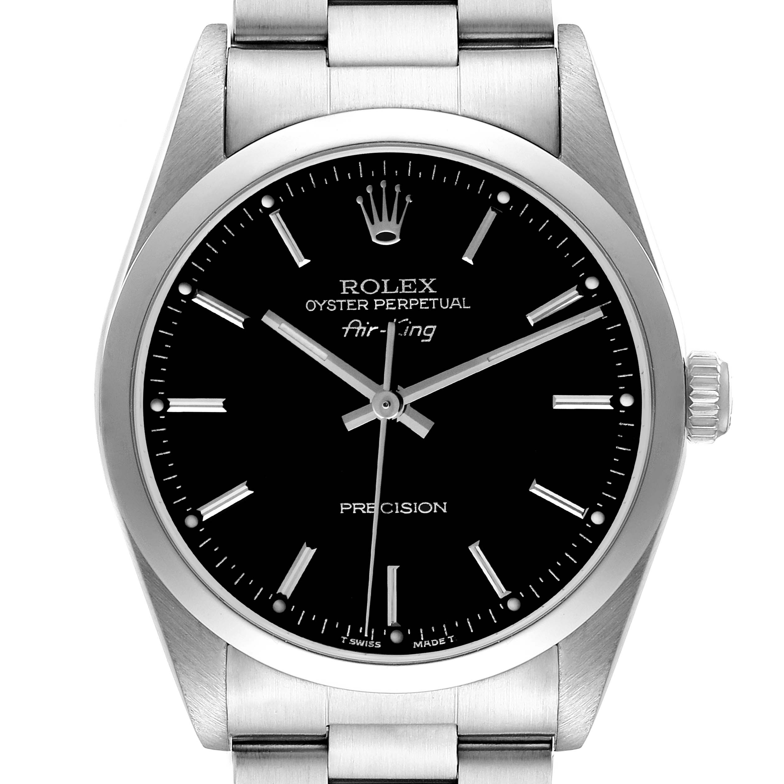 This image shows the Rolex Air-King 14000M Men's Stainless Steel Black Dial 14000M Men's Stainless Steel Black Dial watch from a front angle, highlighting its face, bezel, and part of the strap.