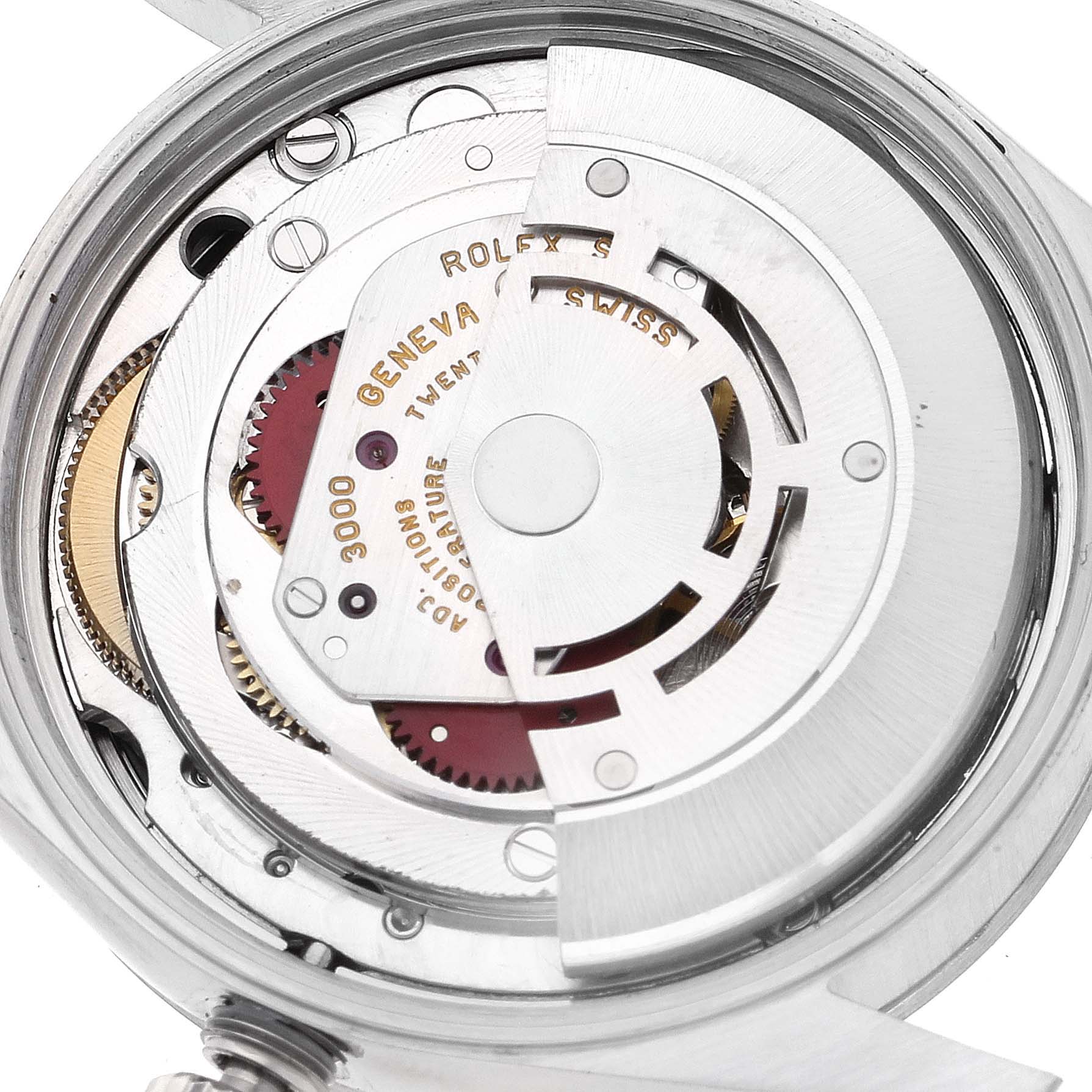 The image shows the inner movement mechanism of a Rolex Air-King 14000M Men's Stainless Steel Black Dial 14000M Men's Stainless Steel Black Dial watch at a close-up angle.