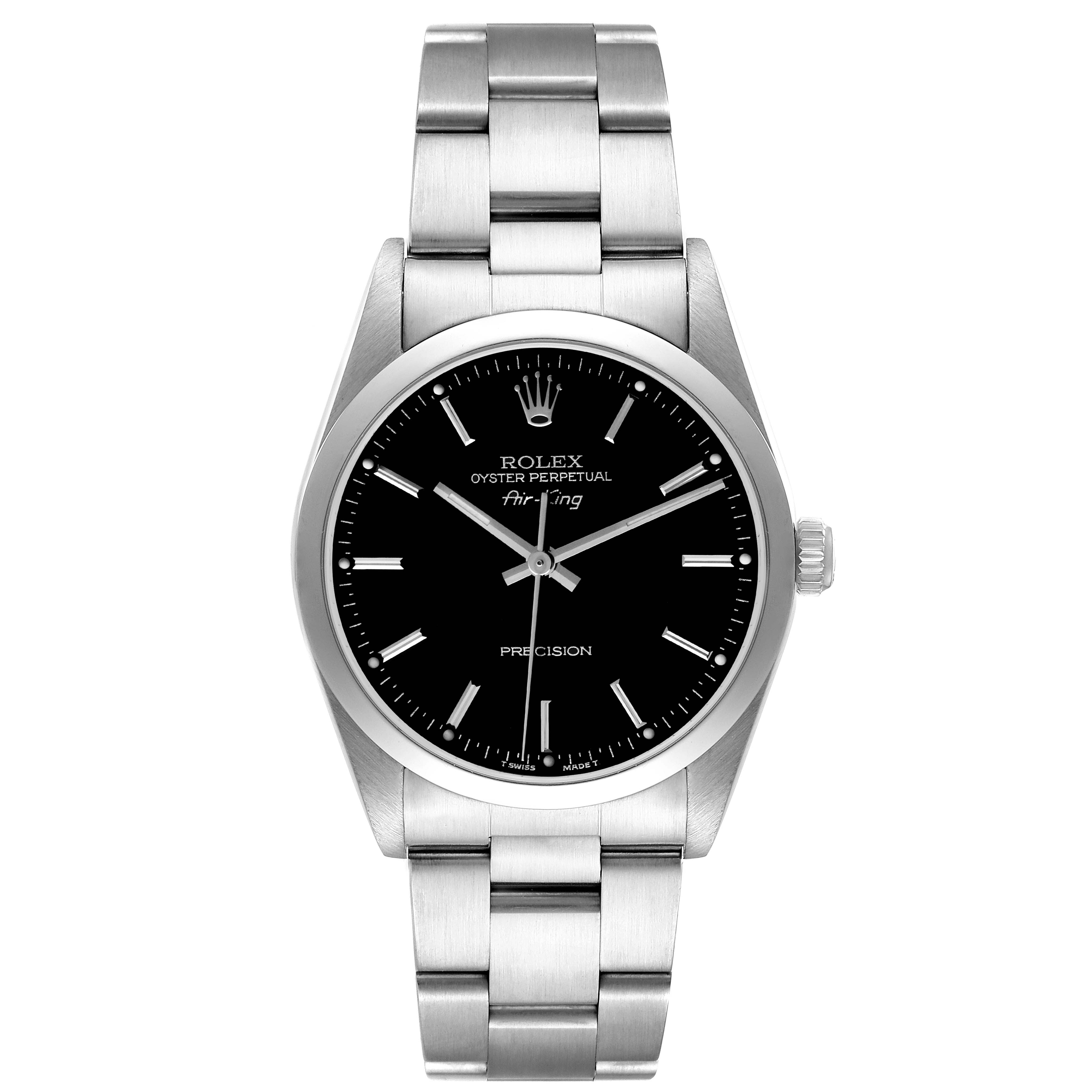 The image shows a front view of the Rolex Air-King 14000M Men's Stainless Steel Black Dial 14000M Men's Stainless Steel Black Dial watch displaying its bracelet, dial, and crown.