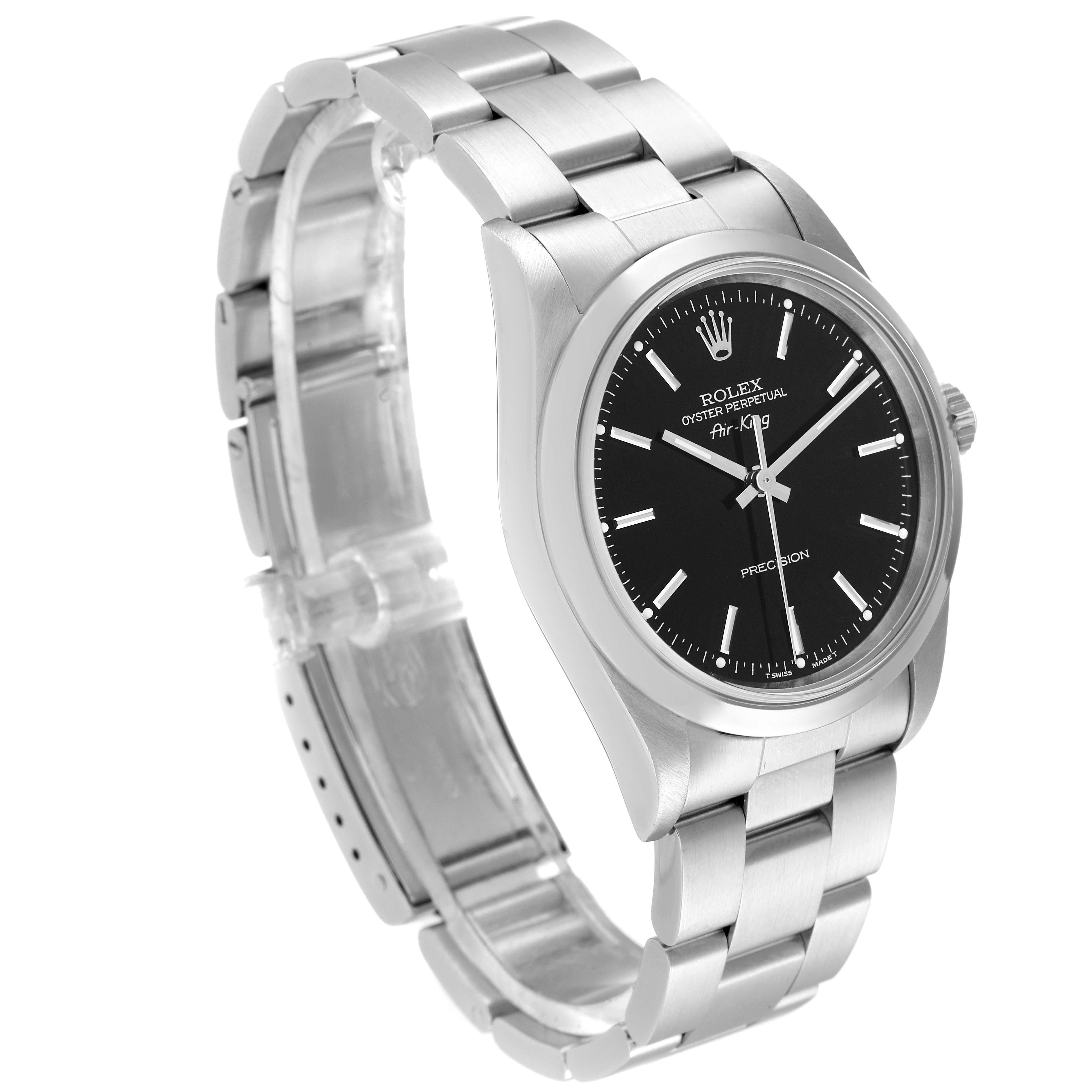 The image shows a side angle view of the Rolex Air-King 14000M Men's Stainless Steel Black Dial 14000M Men's Stainless Steel Black Dial, displaying its black dial, stainless steel case, and bracelet.