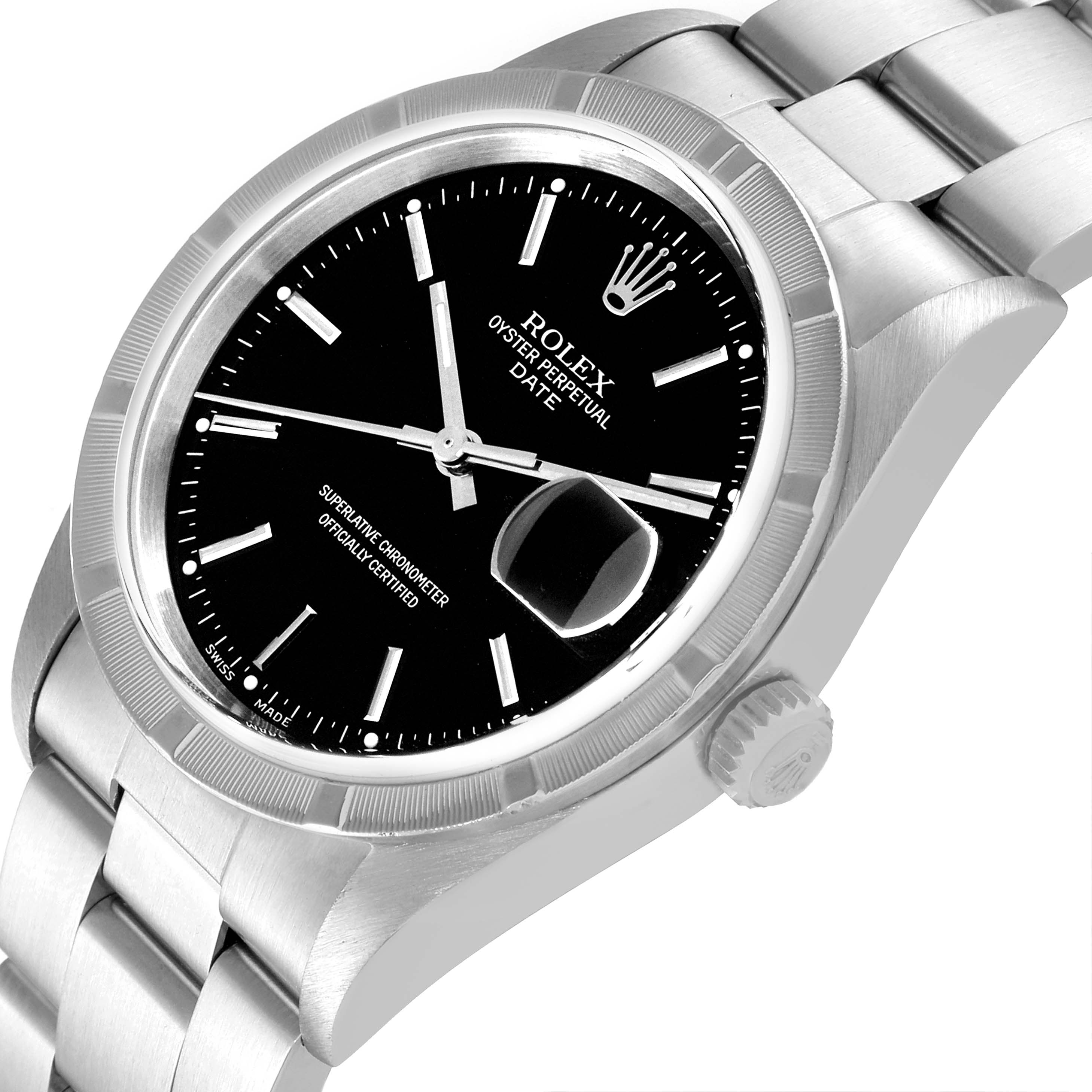 The image shows a Rolex Date 15210 Men's Stainless Steel Black Dial 15210 Men's Stainless Steel Black Dial model watch at an angled view, displaying the face, bezel, crown, and part of the bracelet.