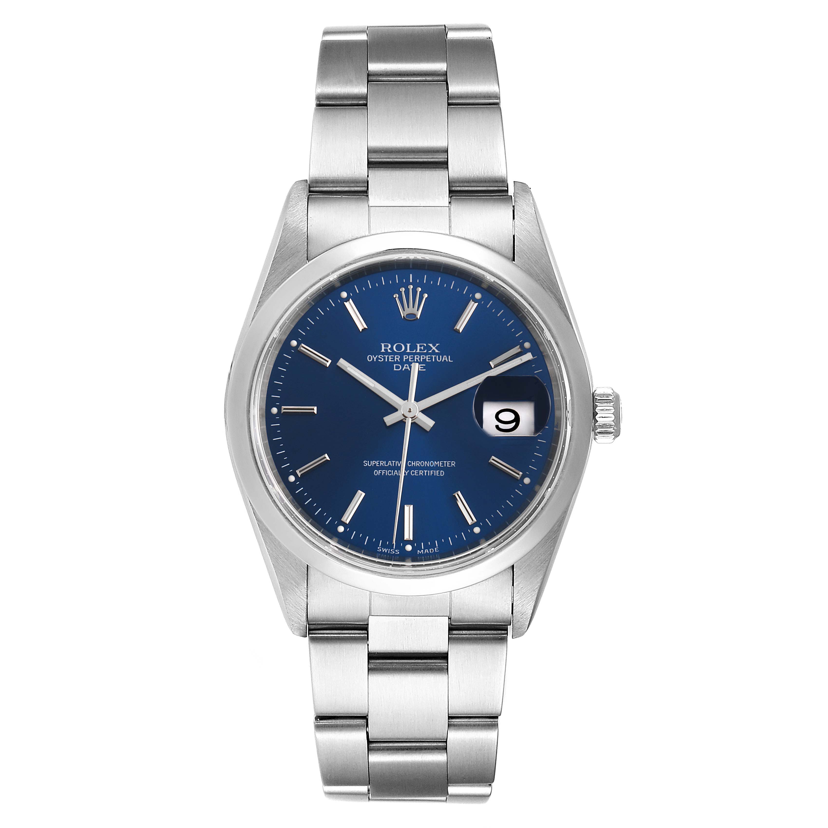 This image shows a Rolex Date 15200 Men's Stainless Steel Blue Dial 15200 Men's Stainless Steel Blue Dial model watch from a top-down angle, highlighting the blue dial, date window, and stainless steel bracelet.