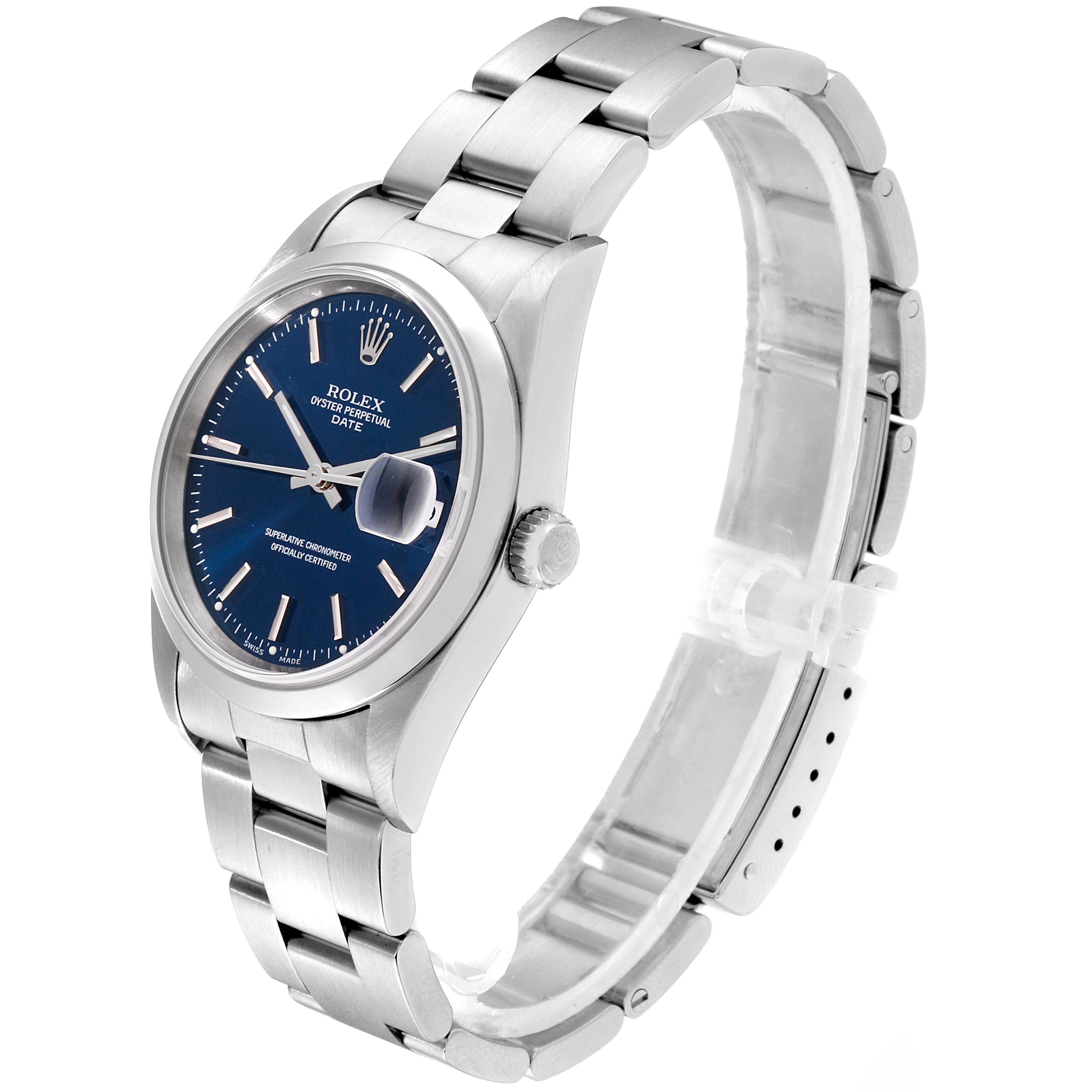 This image shows the side and front angle of a Rolex Date 15200 Men's Stainless Steel Blue Dial 15200 Men's Stainless Steel Blue Dial model watch, highlighting its face, bezel, and bracelet.