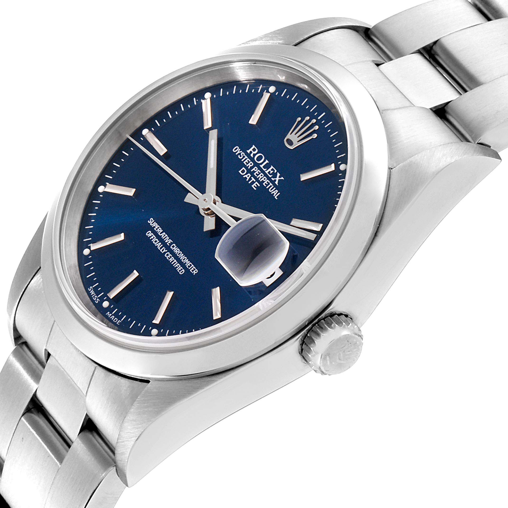 This image shows a Rolex Date 15200 Men's Stainless Steel Blue Dial 15200 Men's Stainless Steel Blue Dial model watch at an angled close-up, highlighting the face, bezel, crown, and bracelet.