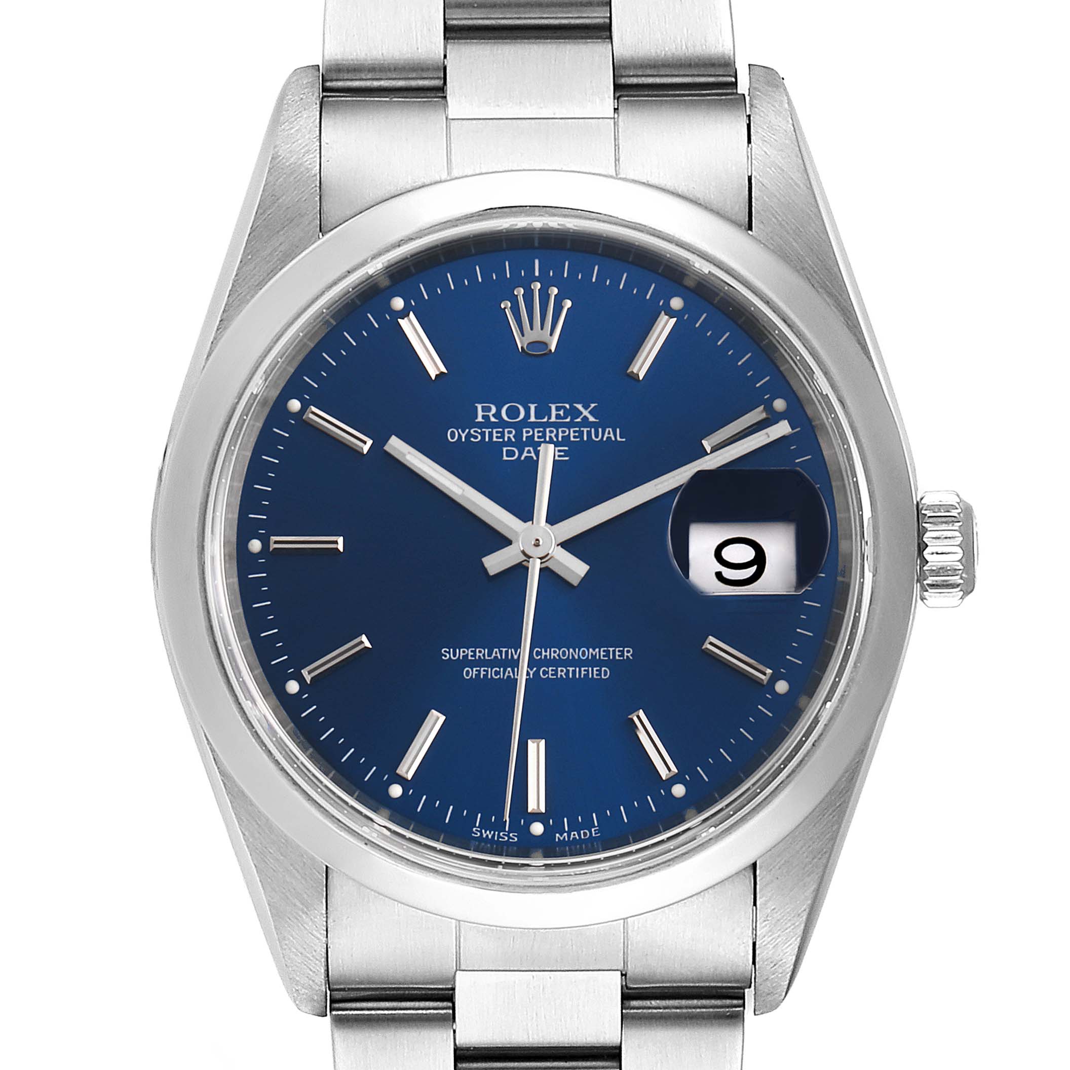 The image shows a front view of the Rolex Date 15200 Men's Stainless Steel Blue Dial 15200 Men's Stainless Steel Blue Dial model watch, highlighting its blue dial, silver markers, and date window.